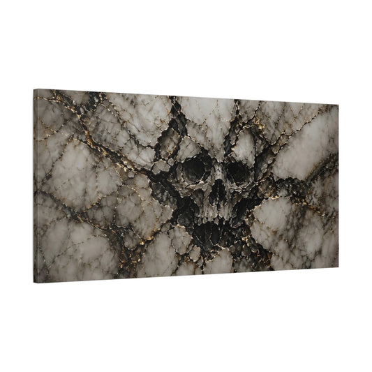 Main Mockup. Horror Skull White Gold Skull shown as stretched canvas wall art