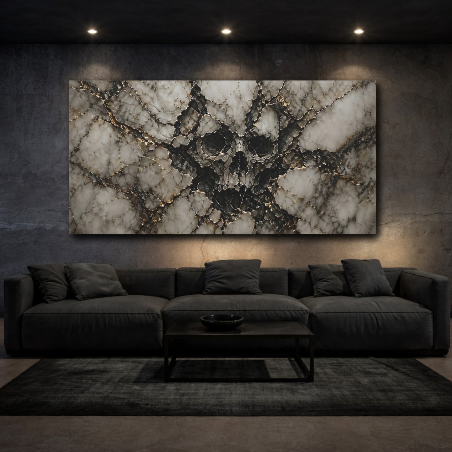 Mockup 2. Horror Skull White Gold Skull shown as stretched canvas wall art
