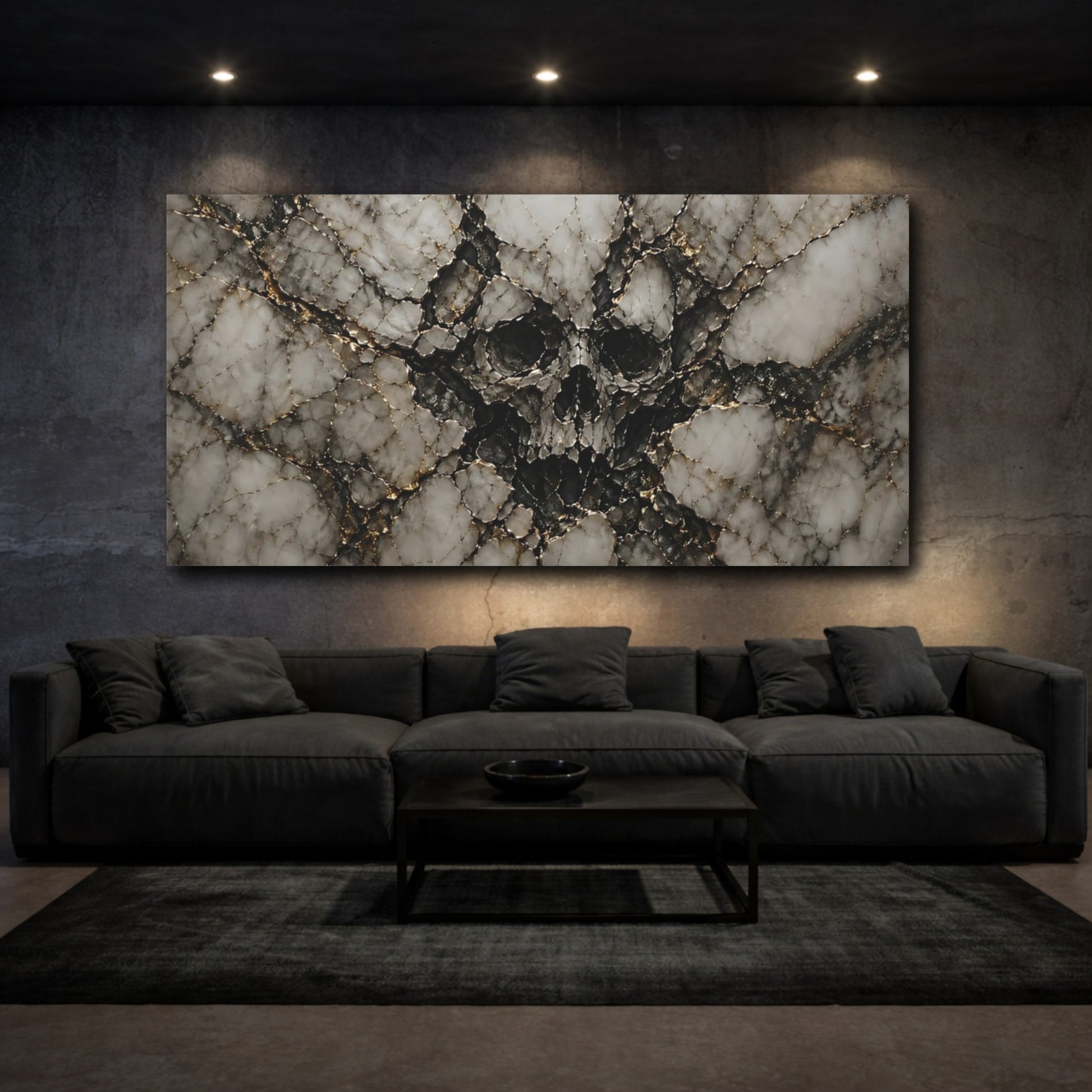 Mockup 2. Horror Skull White Gold Skull shown as stretched canvas wall art