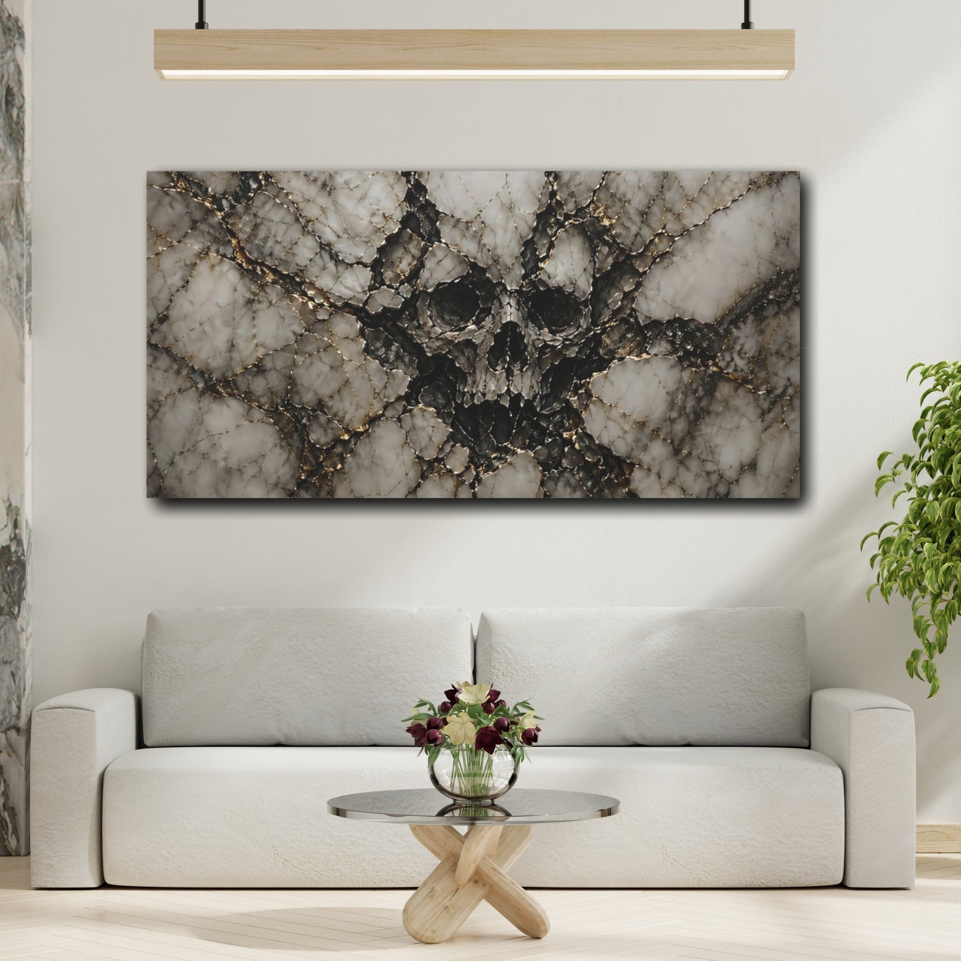 Mockup 3. Horror Skull White Gold Skull shown as stretched canvas wall art