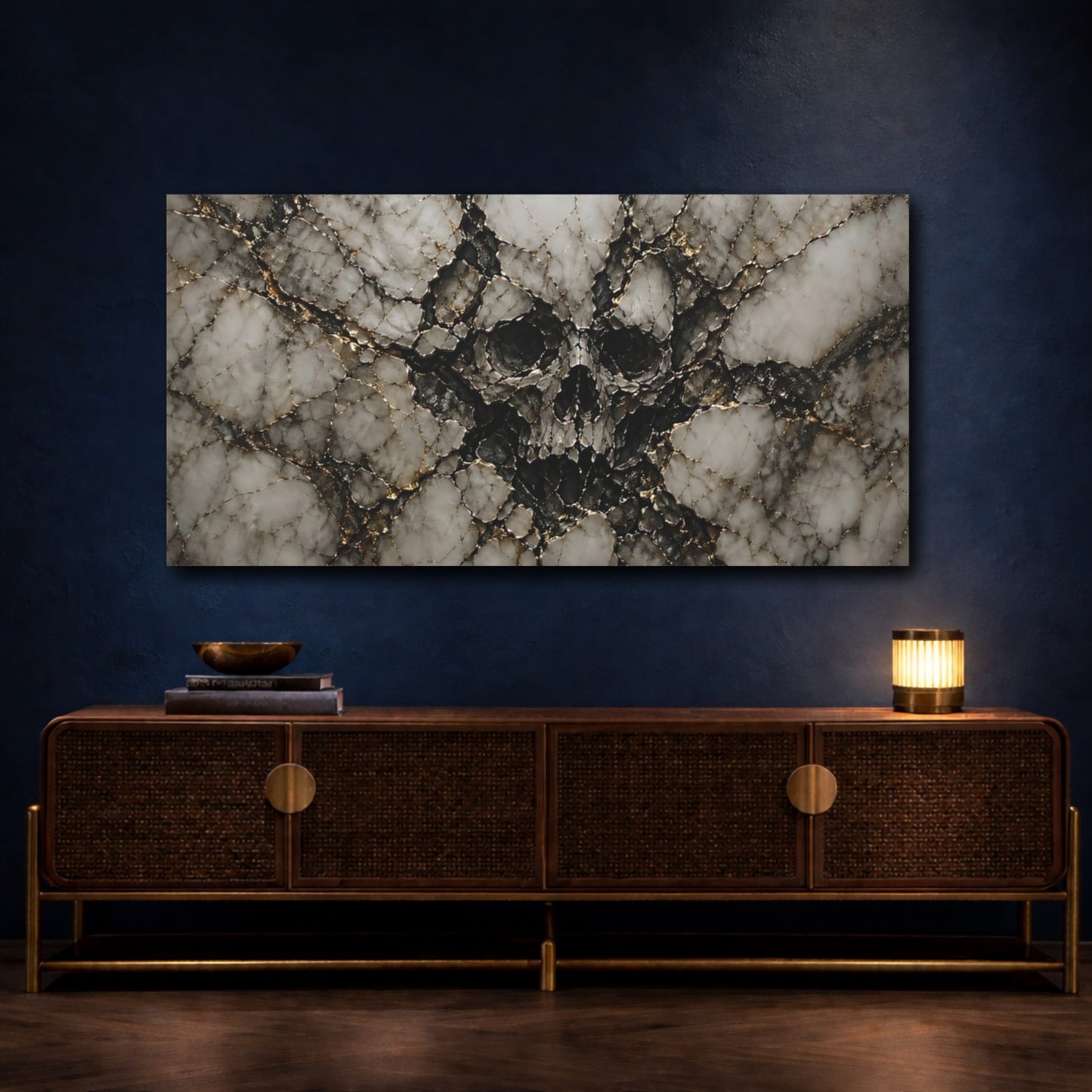 Mockup 4. Horror Skull White Gold Skull shown as stretched canvas wall art