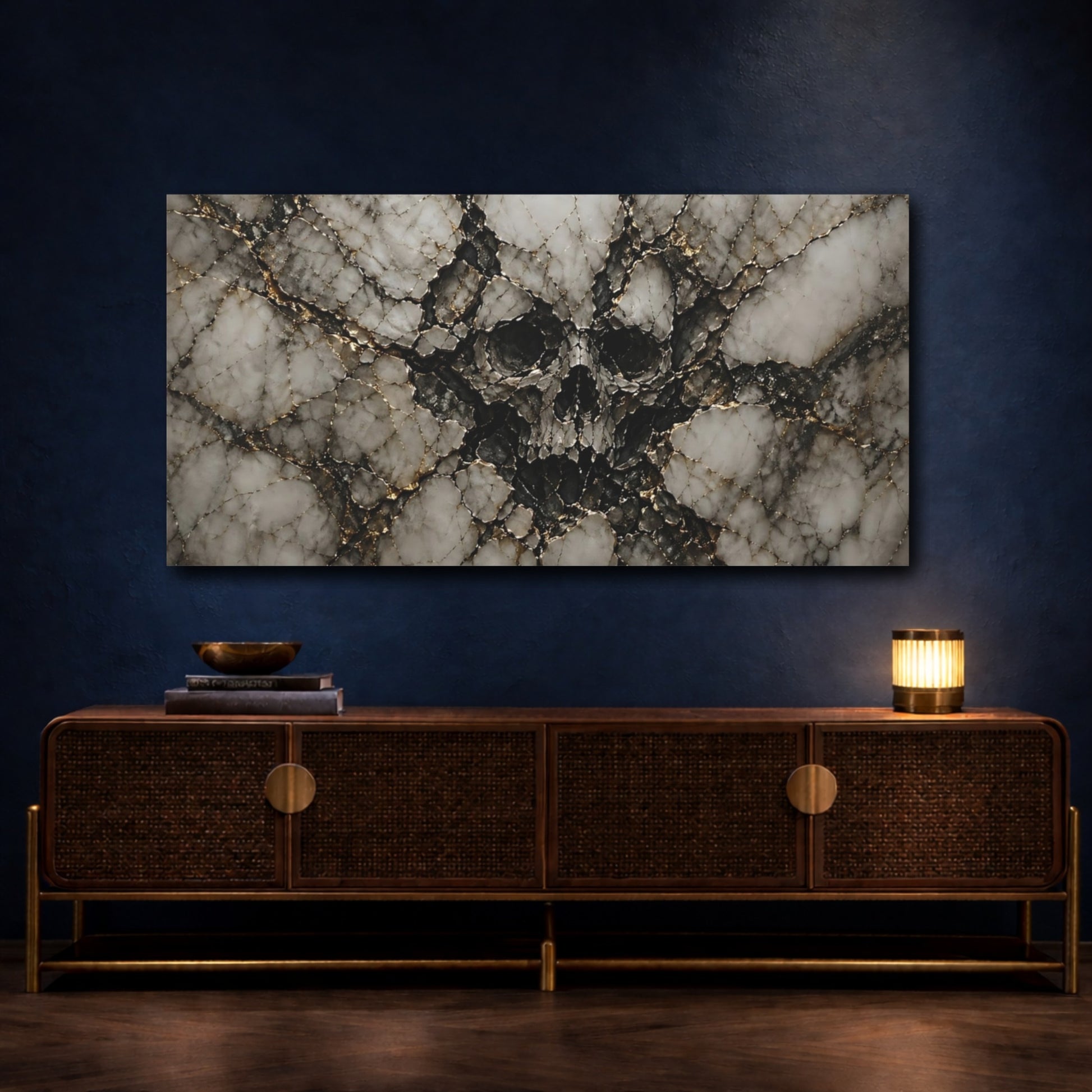 Mockup 4. Horror Skull White Gold Skull shown as stretched canvas wall art