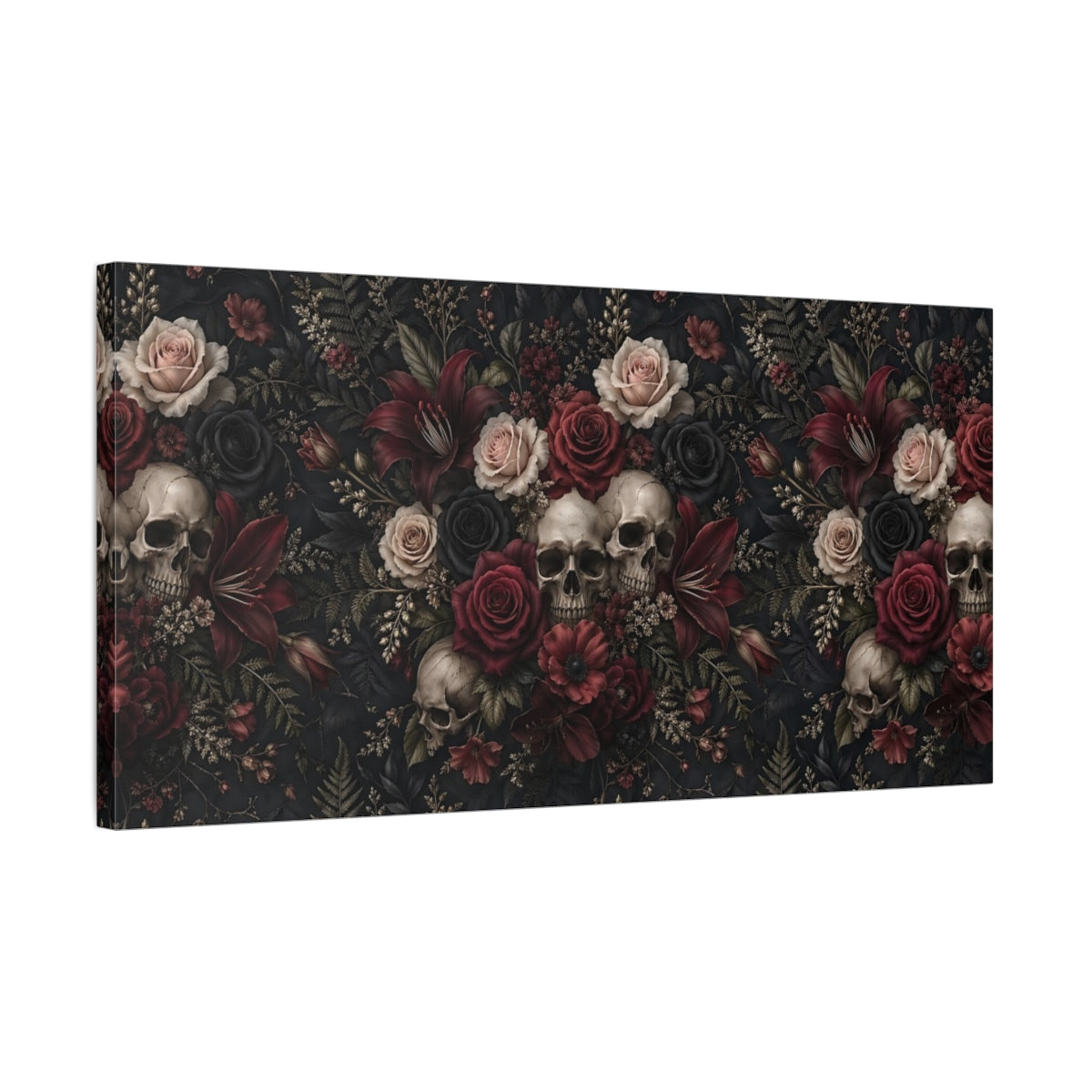 Side Mockup 1. Horror Skulls Gothic Floral Skulls shown as stretched canvas wall art