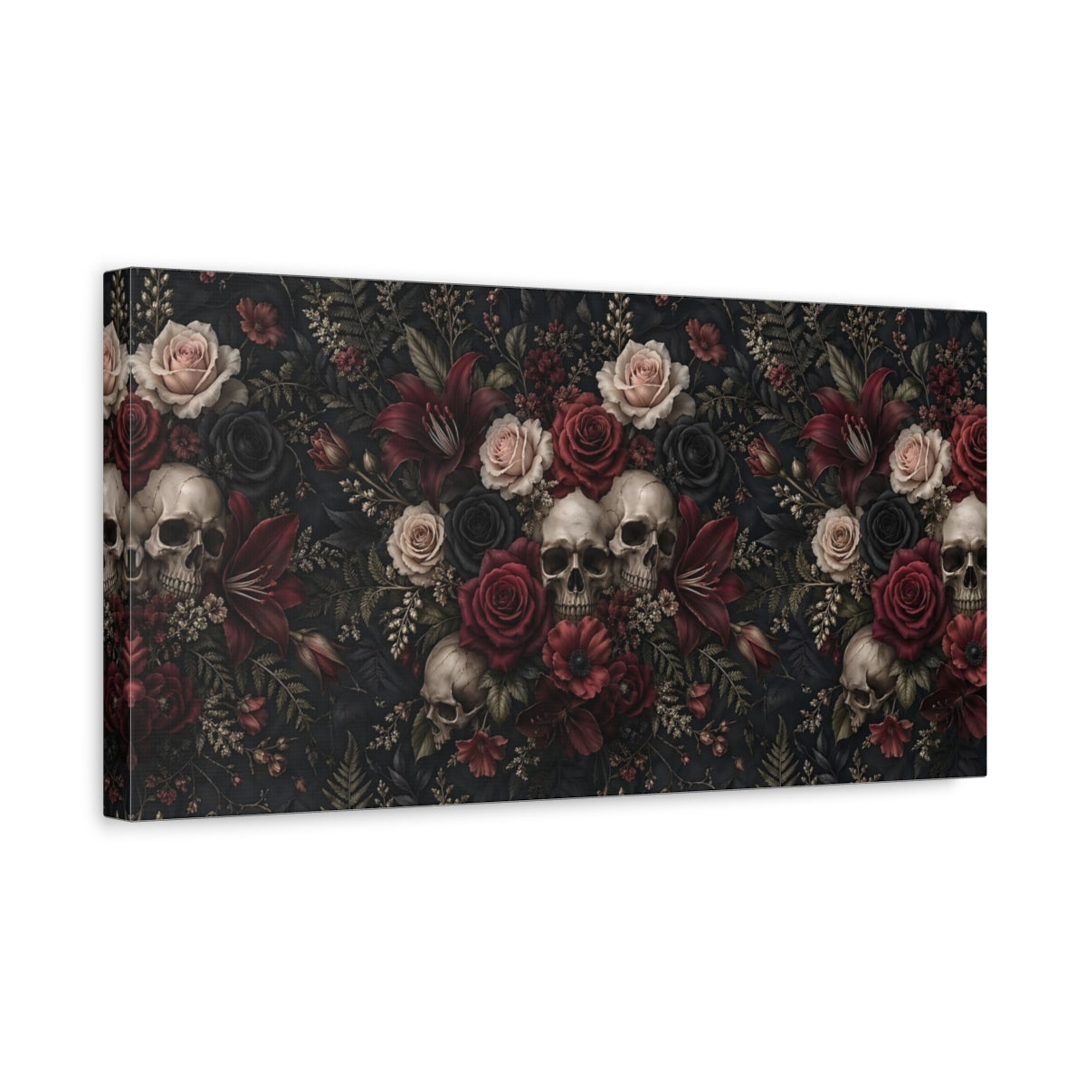 Side Mockup 3. Horror Skulls Gothic Floral Skulls shown as stretched canvas wall art