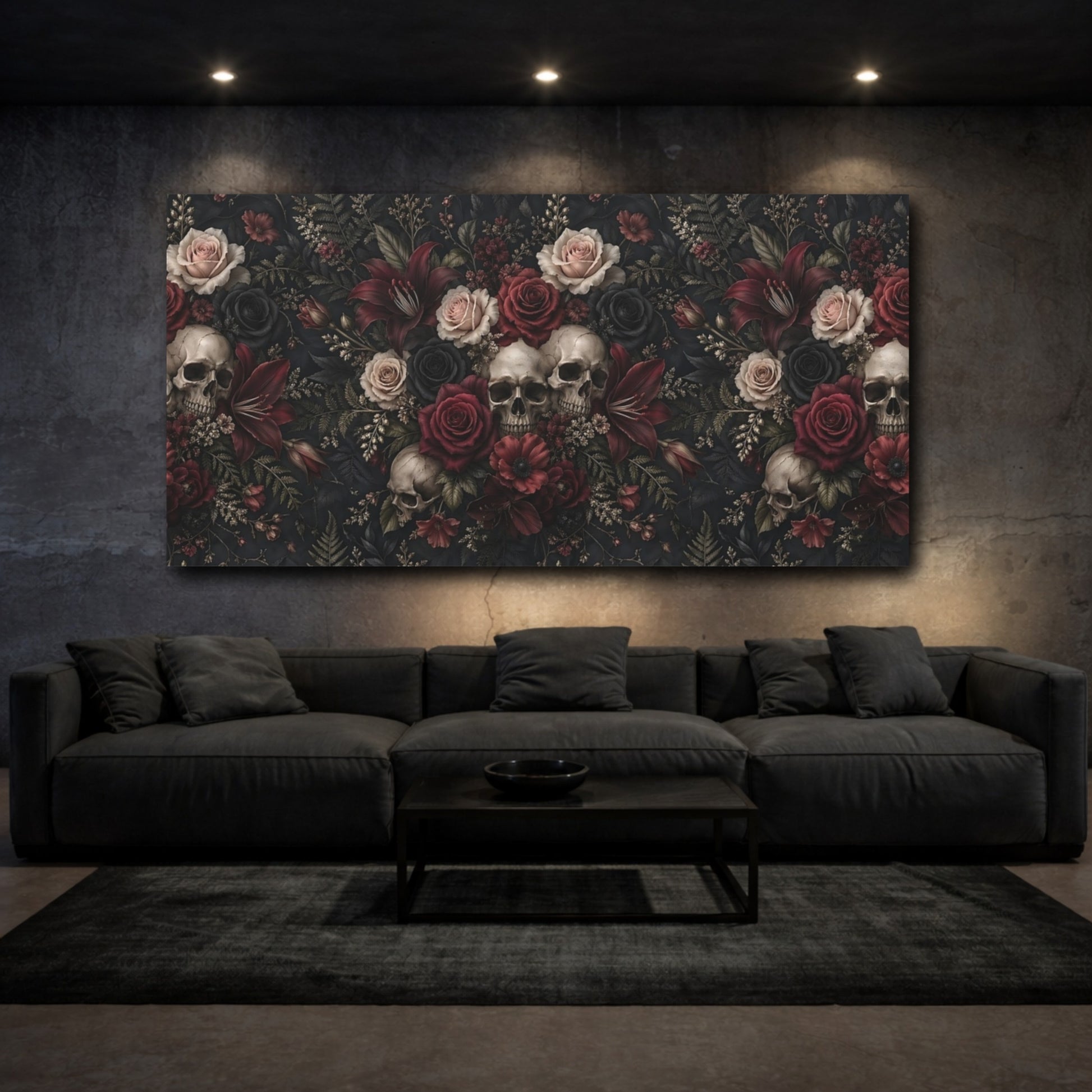 Mockup 2. Horror Skulls Gothic Floral Skulls shown as stretched canvas wall art