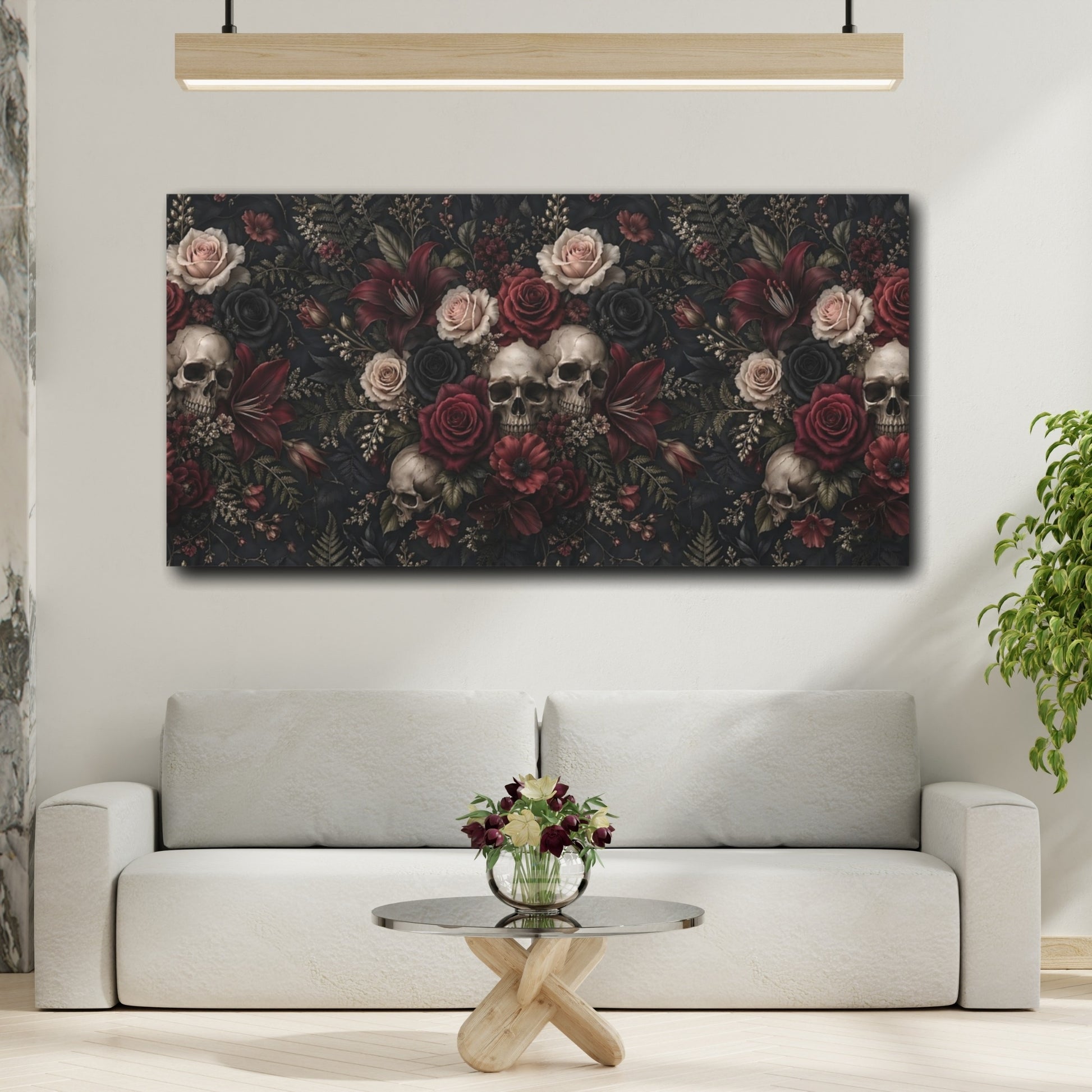 Mockup 3. Horror Skulls Gothic Floral Skulls shown as stretched canvas wall art