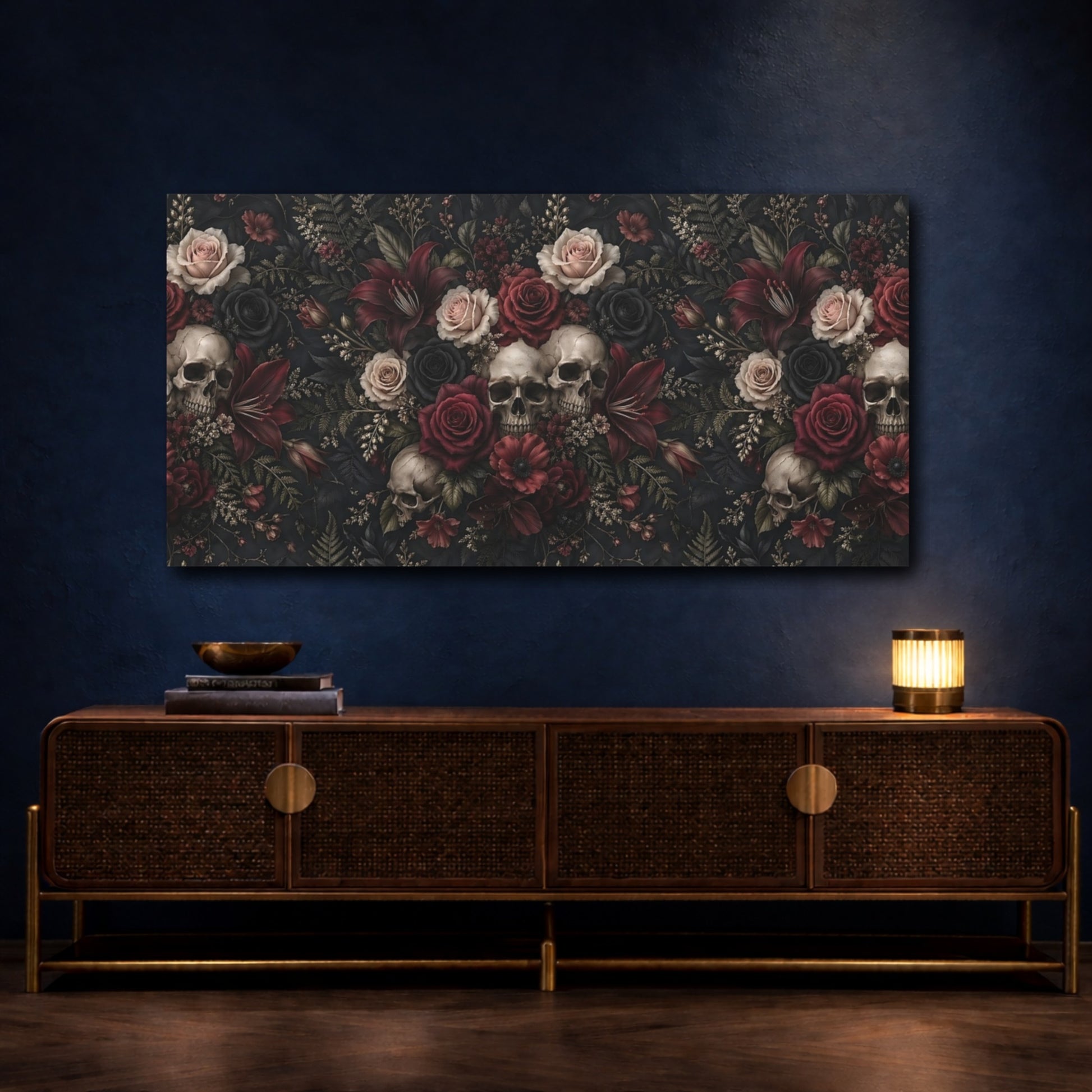 Mockup 4. Horror Skulls Gothic Floral Skulls shown as stretched canvas wall art