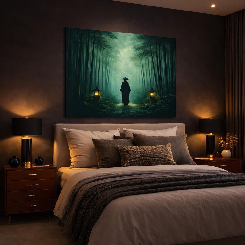 Horror Zen Bamboo Forest shown as canvas wall art in a luxury bedroom