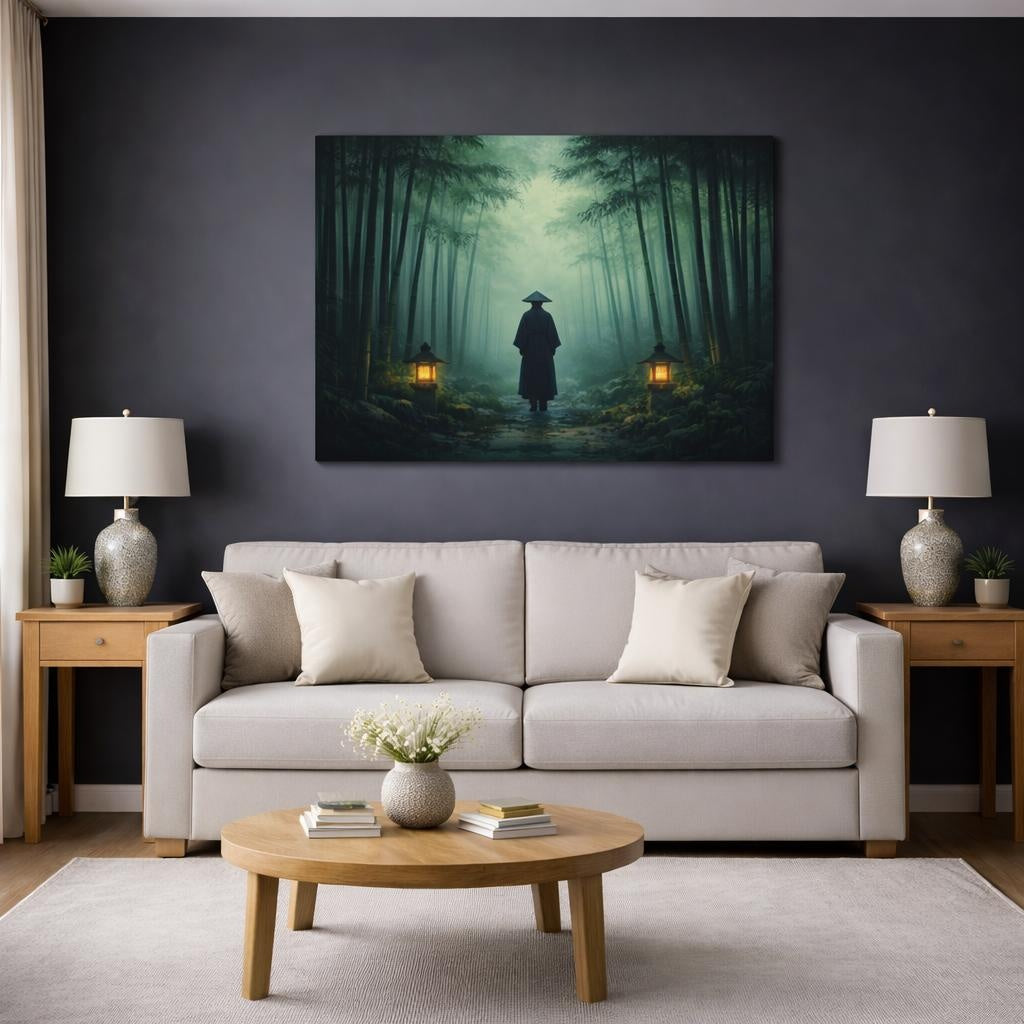 Horror Zen Bamboo Forest shown as canvas wall art in a modern living room