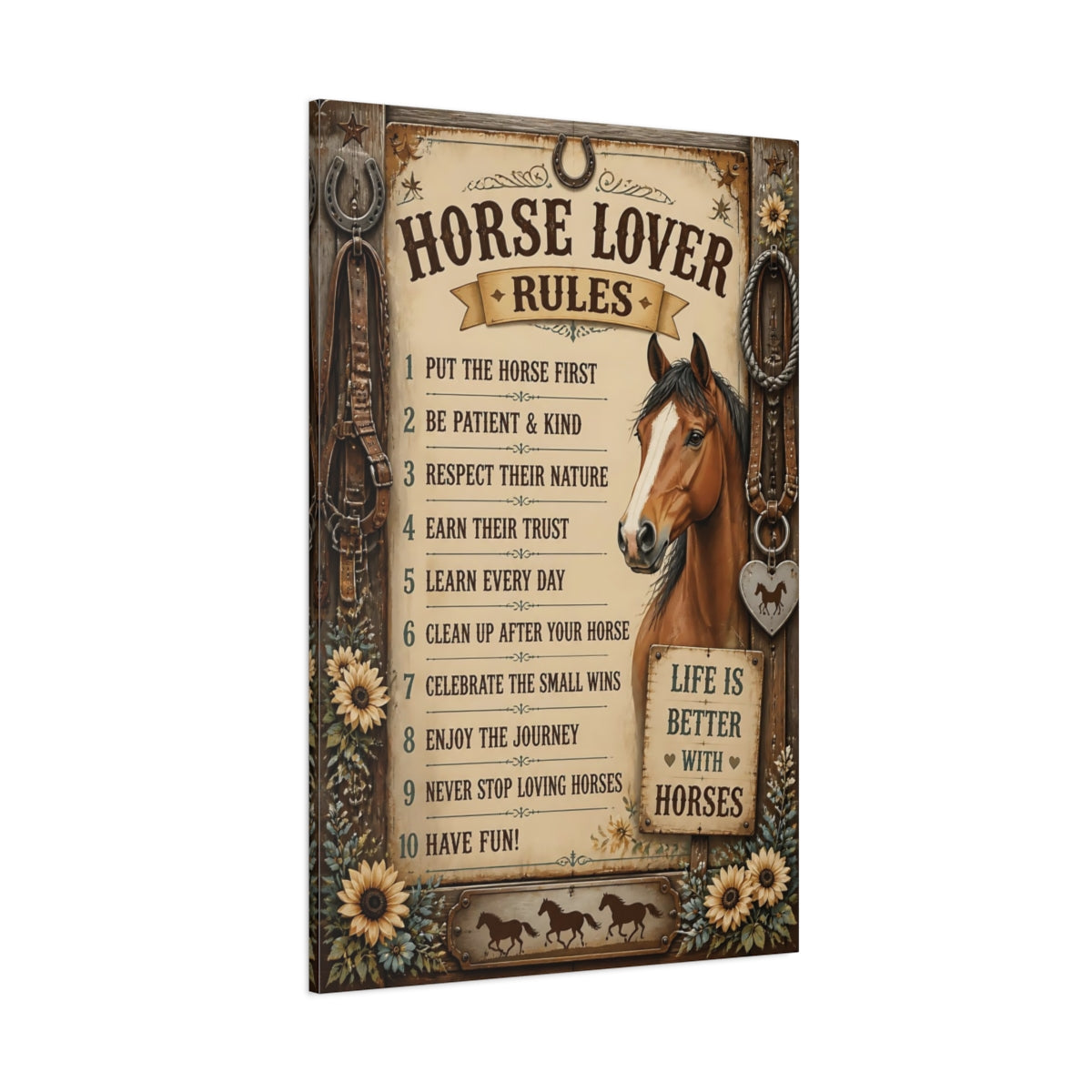 Side Mockup 1. Horse Lover Quotes Sign shown as canvas print