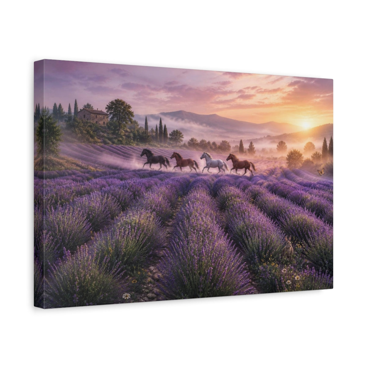 Side Mockup 4. Horses In Lavender Field shown as canvas print