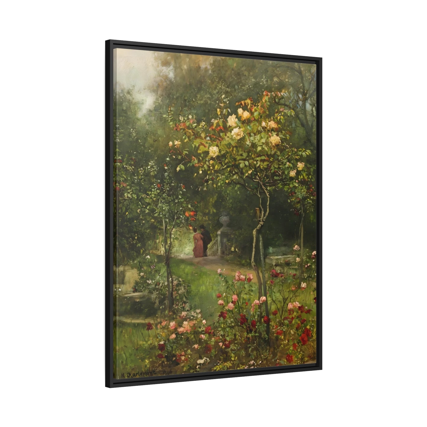 Hugo Charlemont Unter Rosen - Framed Canvas Wall Art Print in Black Frame