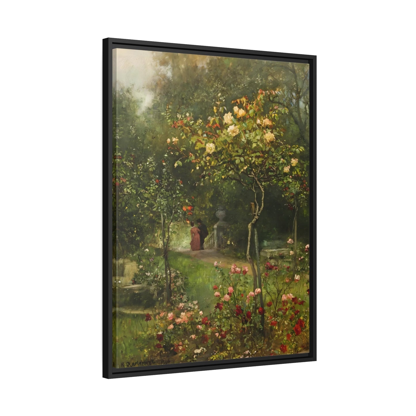 Hugo Charlemont Unter Rosen - Framed Canvas Wall Art Print in Black Frame