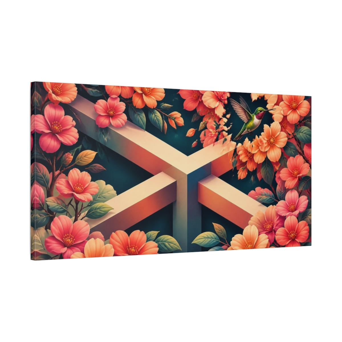 Main Mockup. Hummingbird Among Coral Blossoms shown as canvas print
