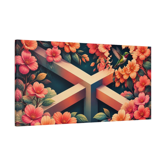 Main Mockup. Hummingbird Among Coral Blossoms shown as canvas print