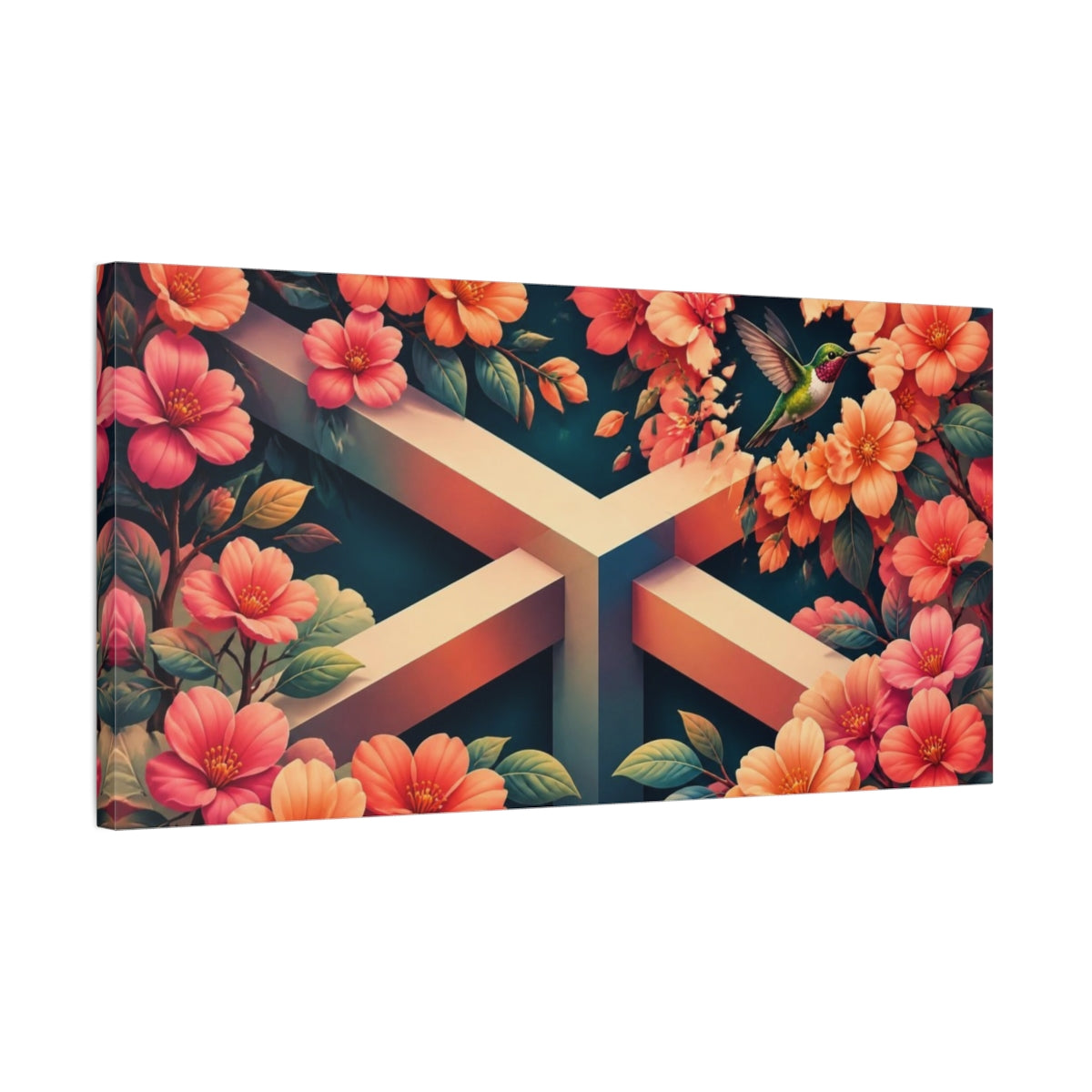 Side Mockup 1. Hummingbird Among Coral Blossoms shown as canvas print
