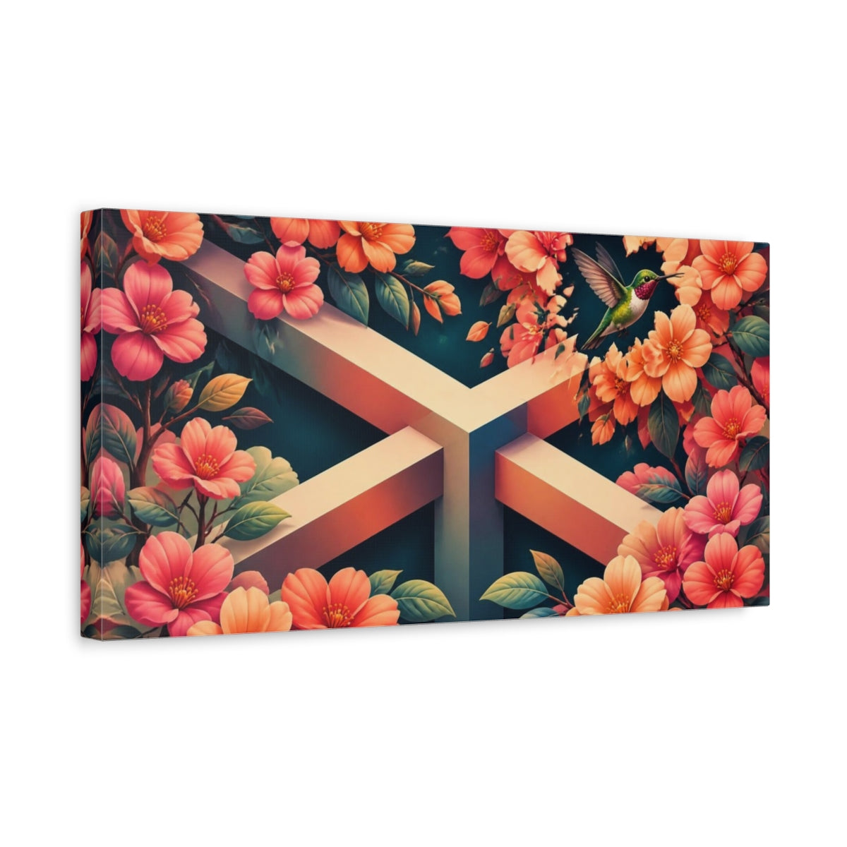 Side Mockup 3. Hummingbird Among Coral Blossoms shown as canvas print