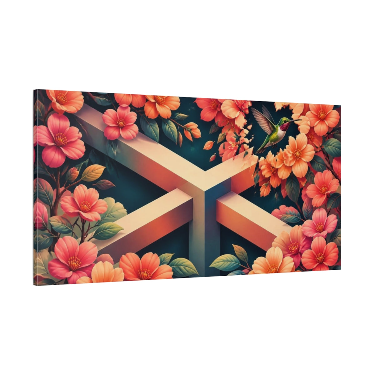 Side Mockup 2. Hummingbird Among Coral Blossoms shown as canvas print