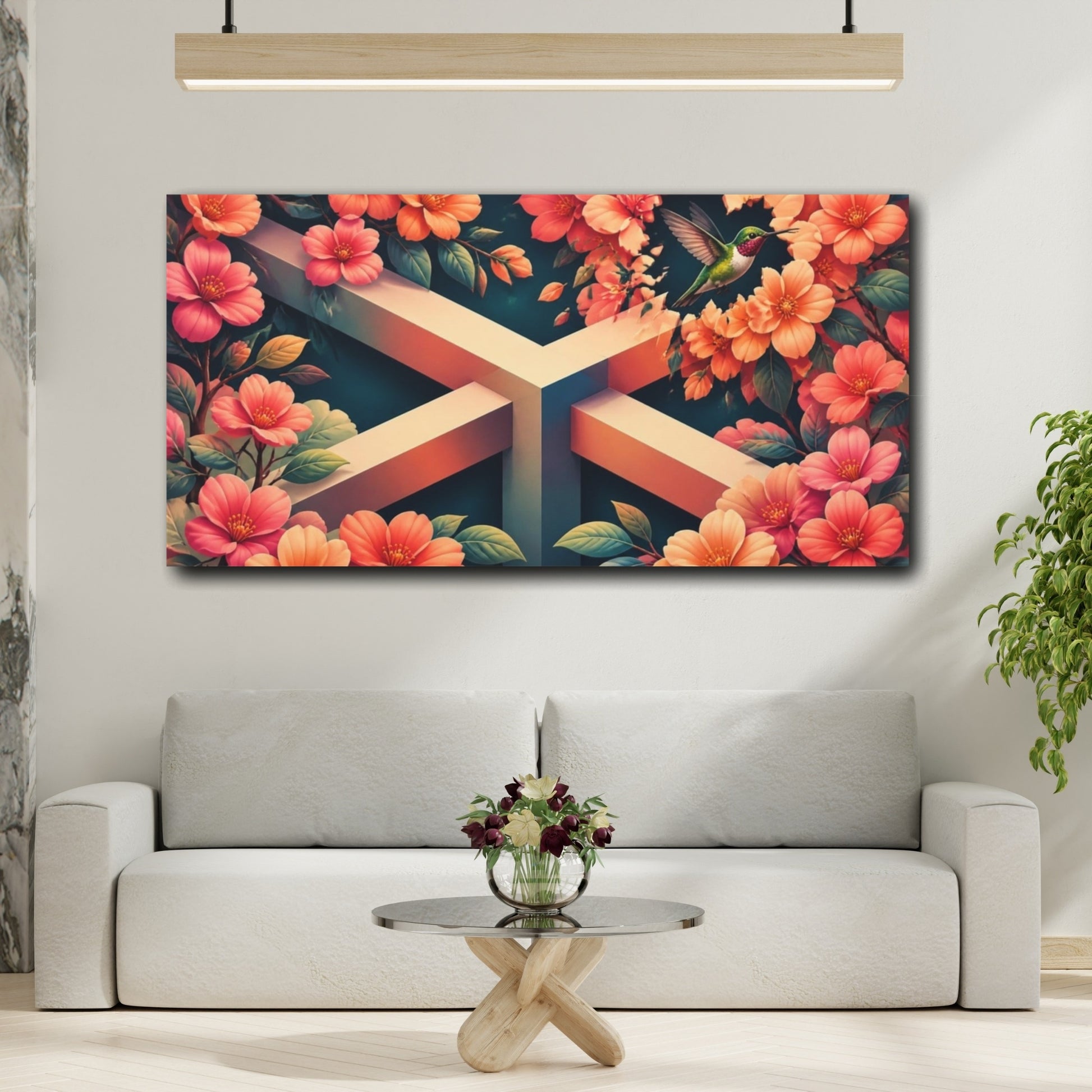Mockup 2. Hummingbird Among Coral Blossoms shown as canvas print