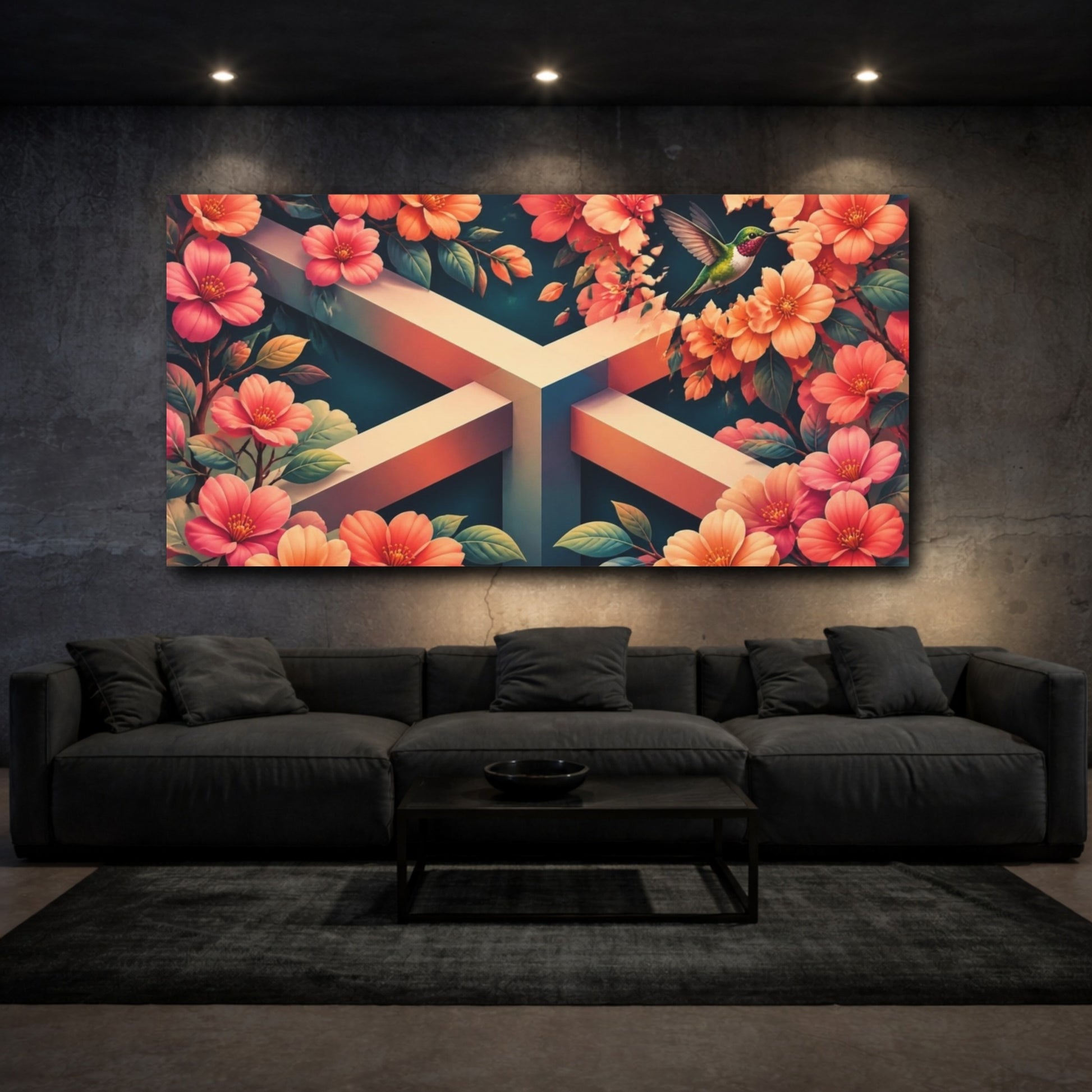 Mockup 3. Hummingbird Among Coral Blossoms shown as canvas print