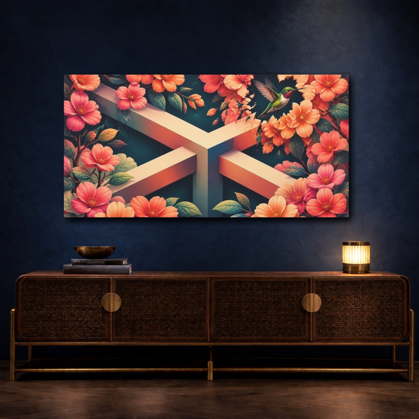 Mockup 4. Hummingbird Among Coral Blossoms shown as canvas print