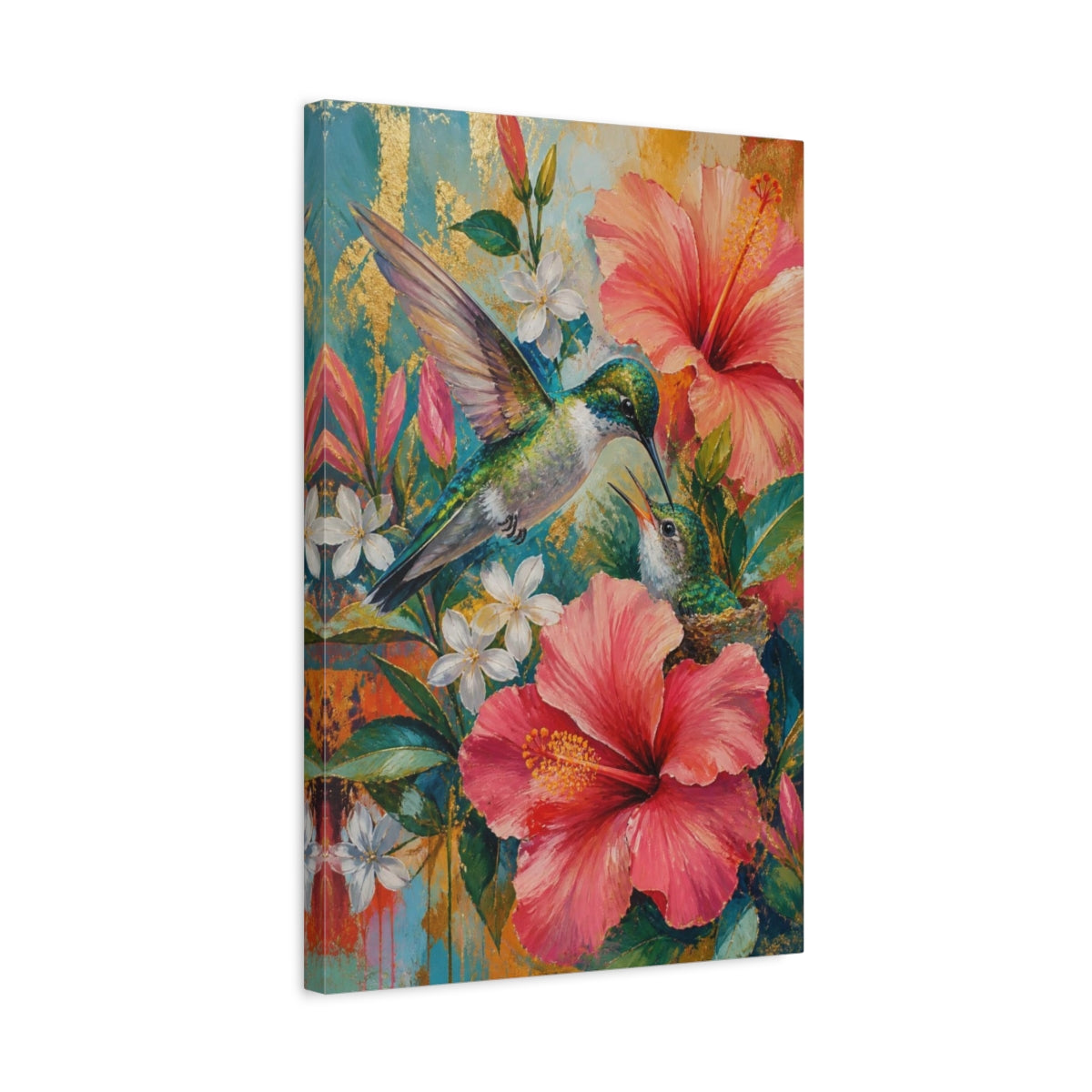 Side Mockup 3. Hummingbird Animals In Bloom shown as canvas print