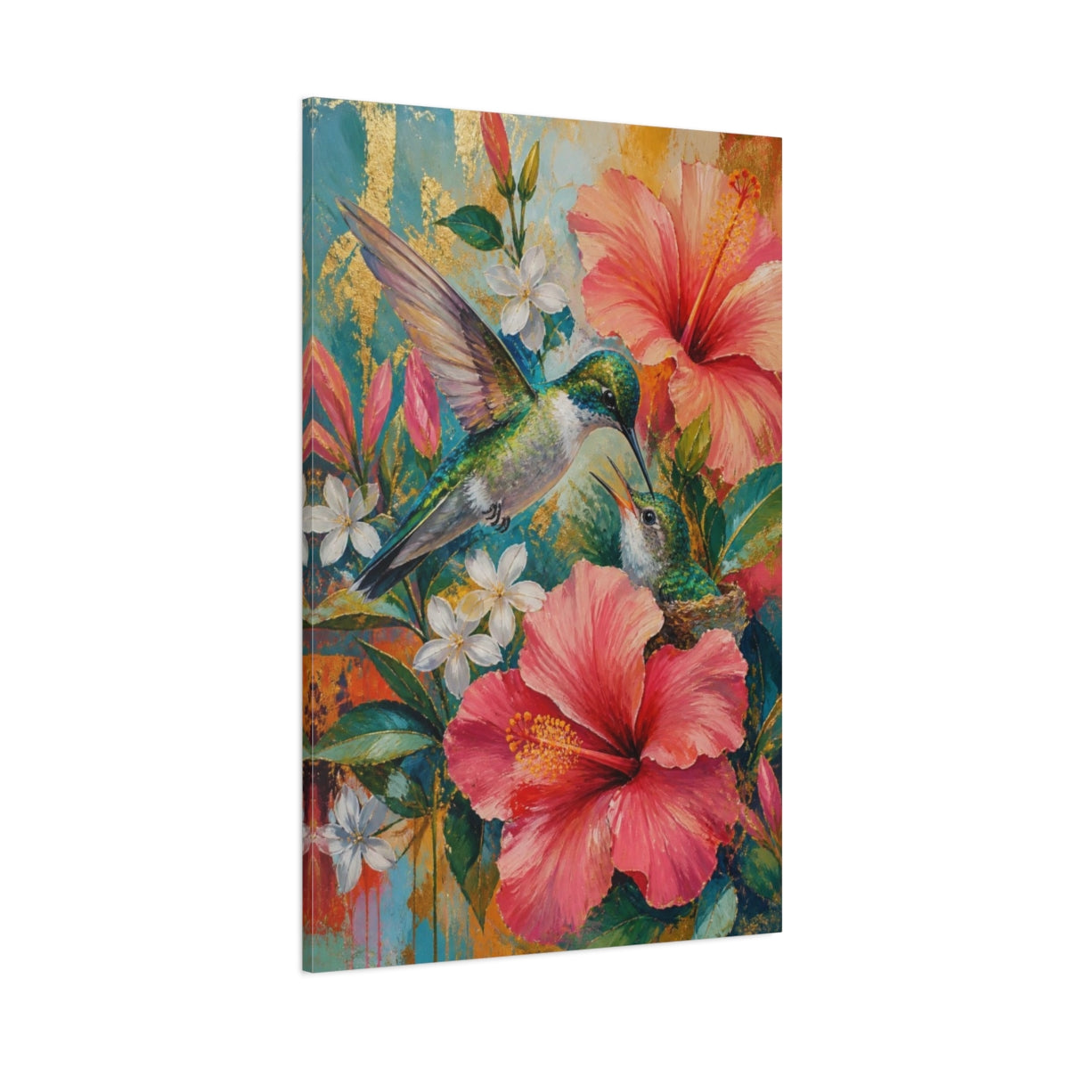 Side Mockup 1. Hummingbird Animals In Bloom shown as canvas print