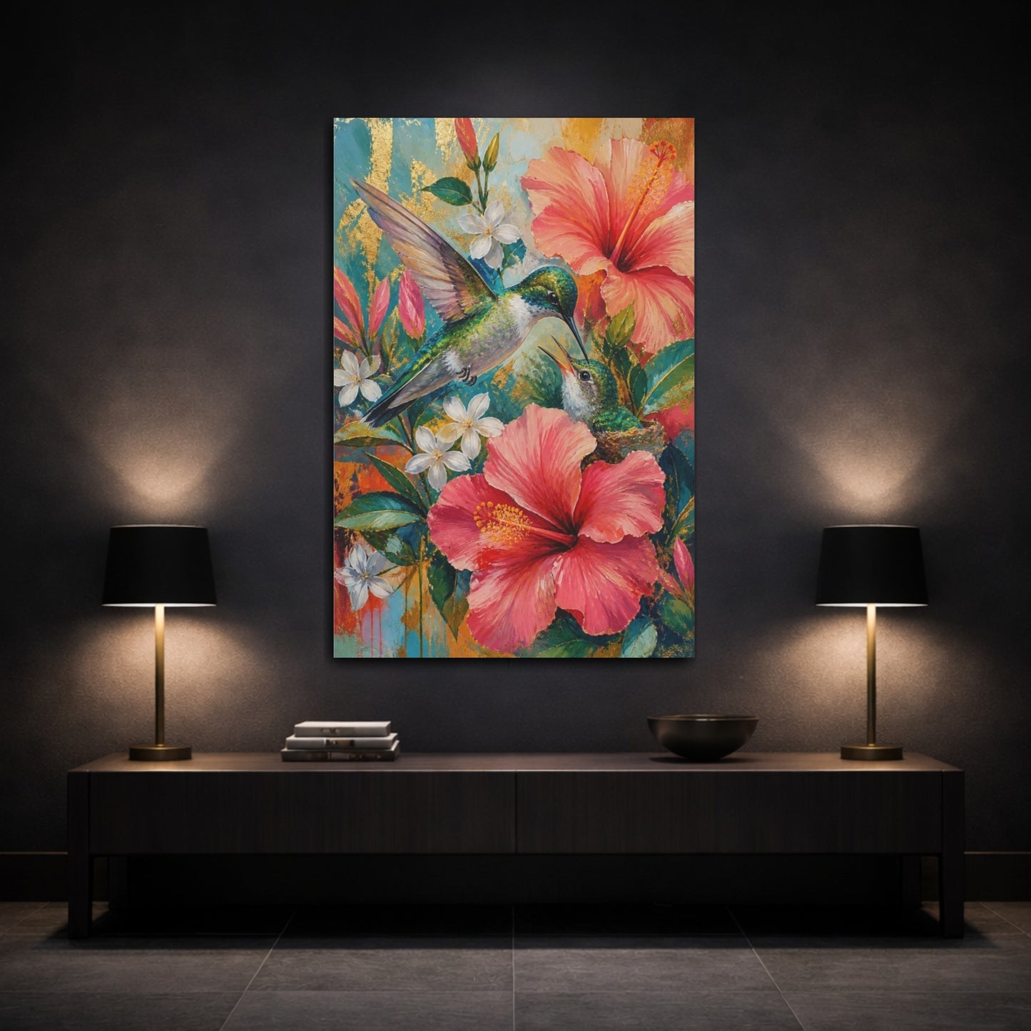 Mockup 3. Hummingbird Animals In Bloom shown as canvas print