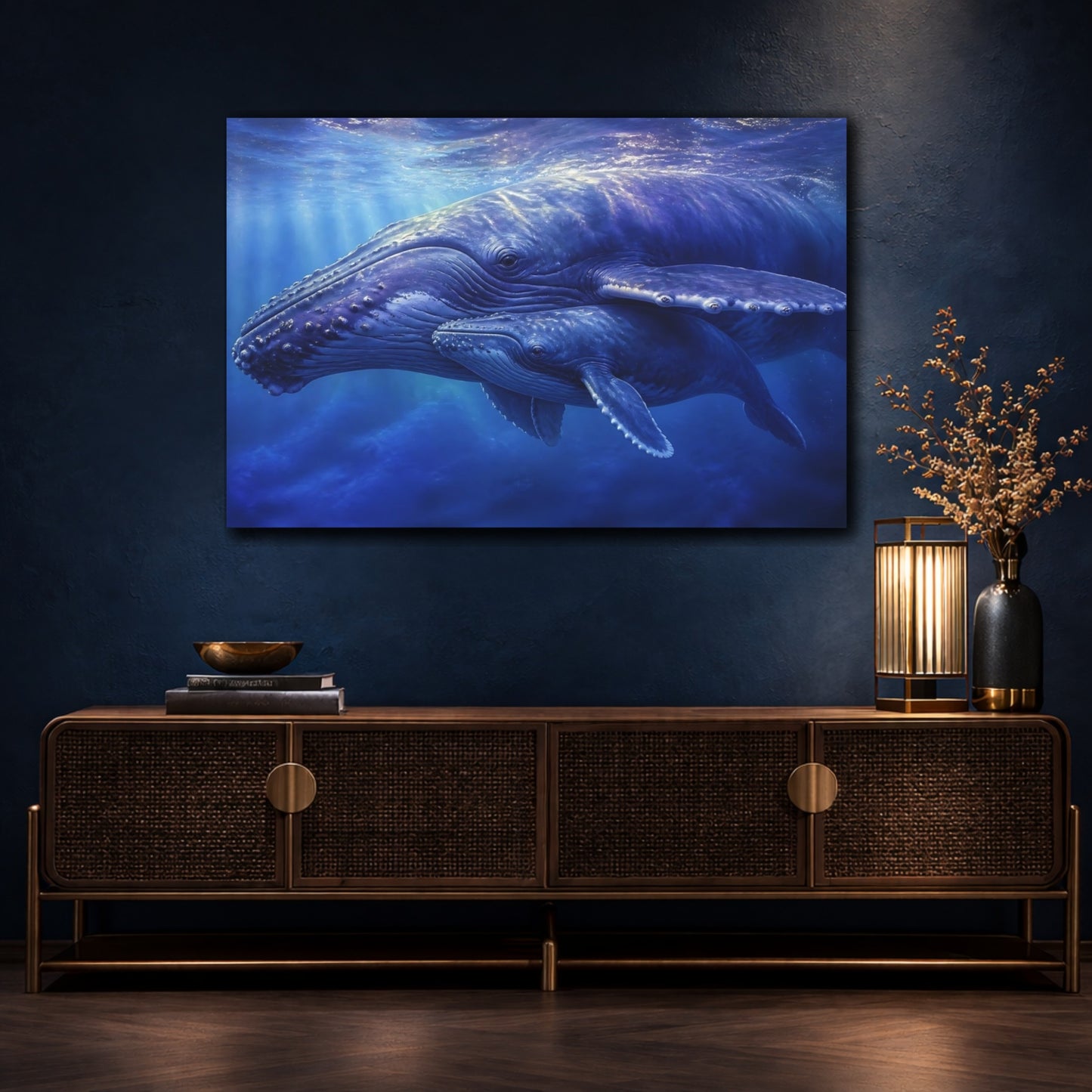 Mockup 4. Humpback Whale Mother And Calf shown as canvas print