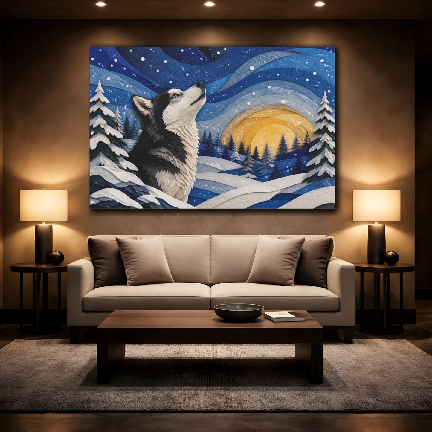 Mockup 2. Husky Pets Winter Scene shown as canvas print