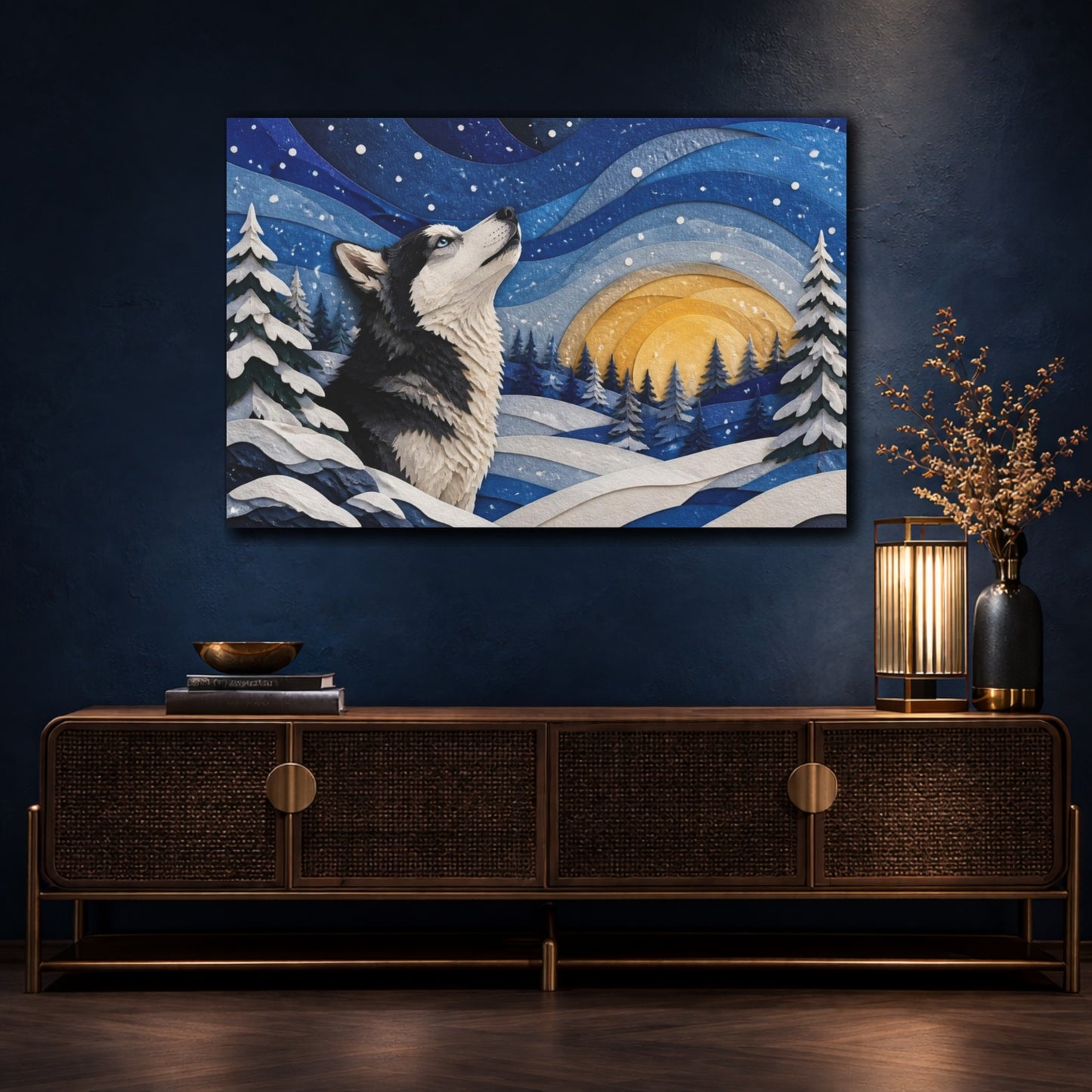 Mockup 4. Husky Pets Winter Scene shown as canvas print