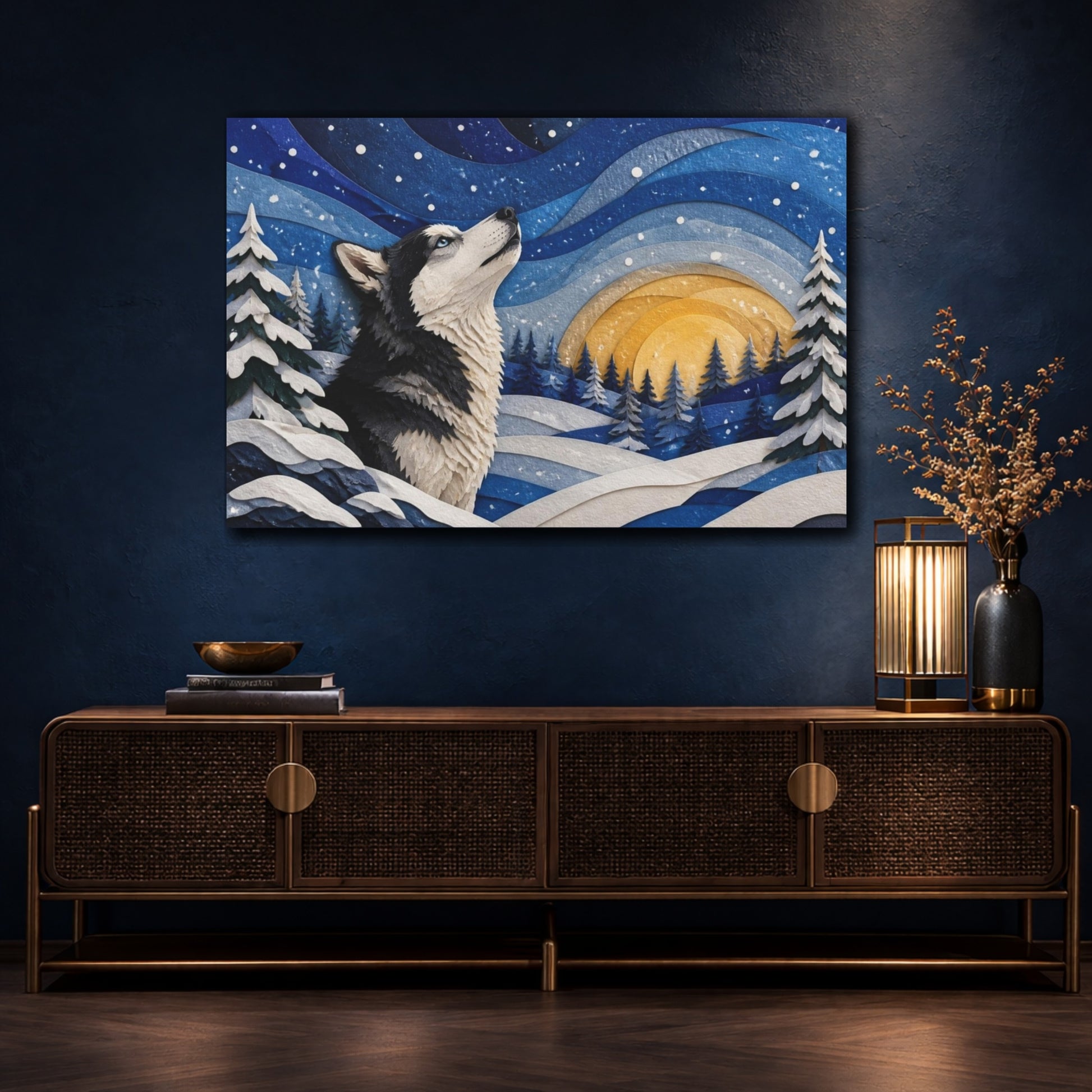 Mockup 4. Husky Pets Winter Scene shown as canvas print