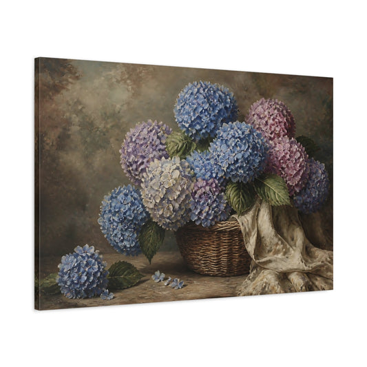 Main Mockup. Hydrangea Floral Basket shown as canvas print