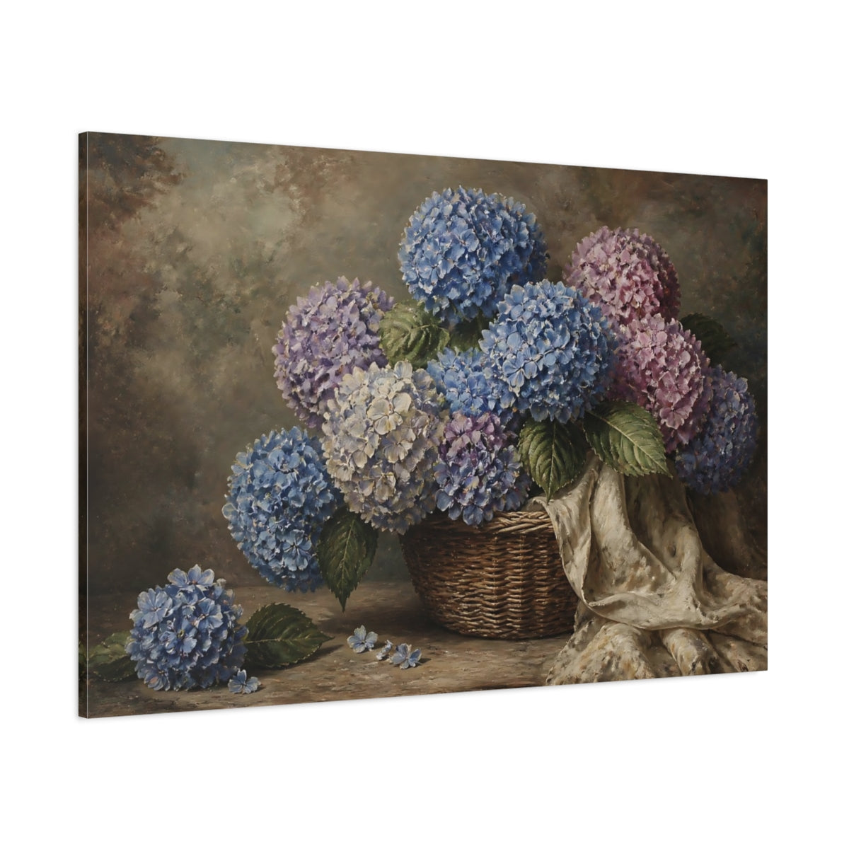 Side Mockup 1. Hydrangea Floral Basket shown as canvas print