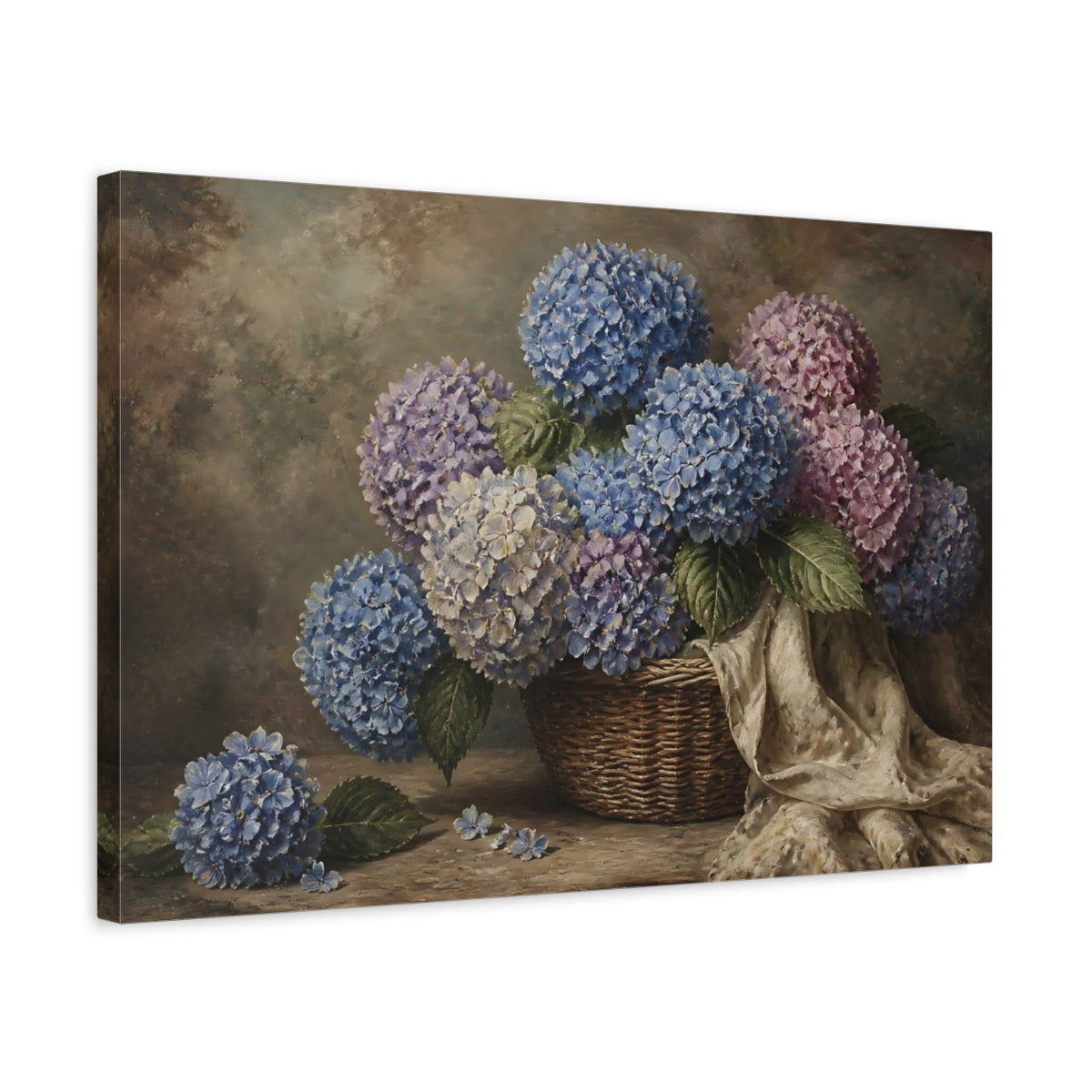 Side Mockup 3. Hydrangea Floral Basket shown as canvas print