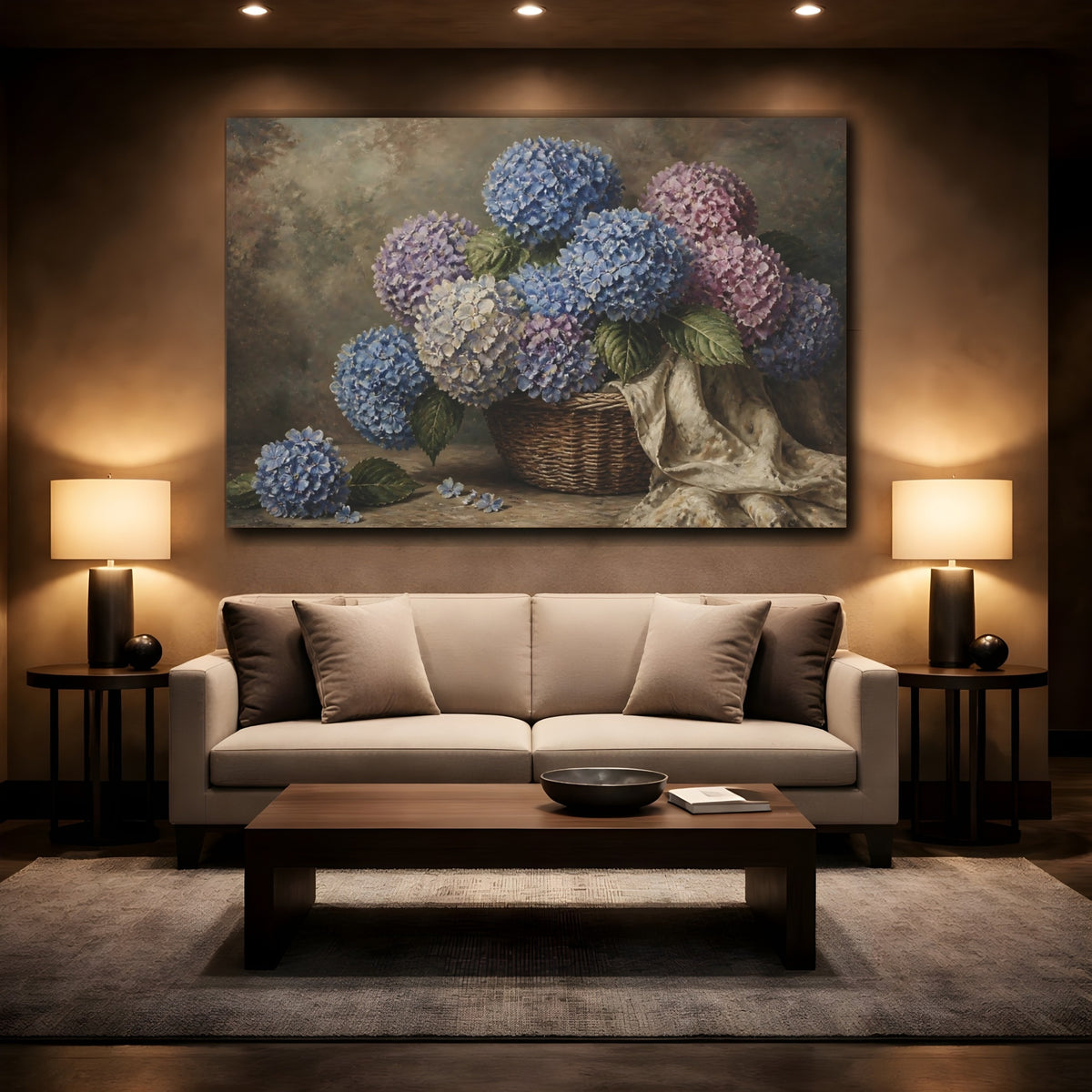 Mockup 2. Hydrangea Floral Basket shown as canvas print