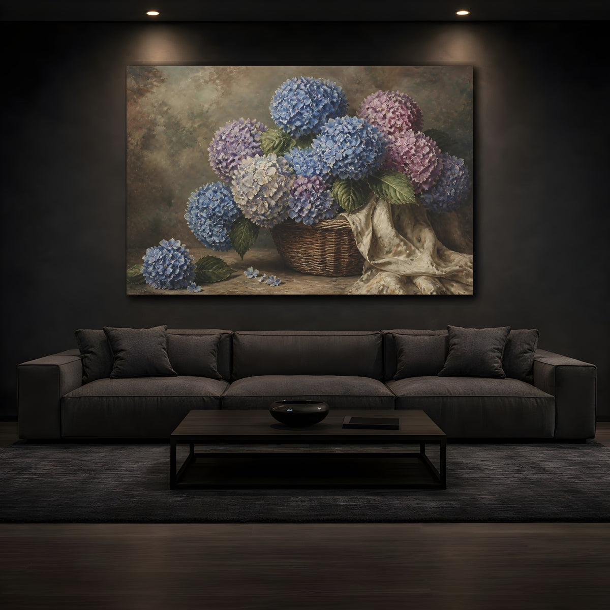 Mockup 3. Hydrangea Floral Basket shown as canvas print