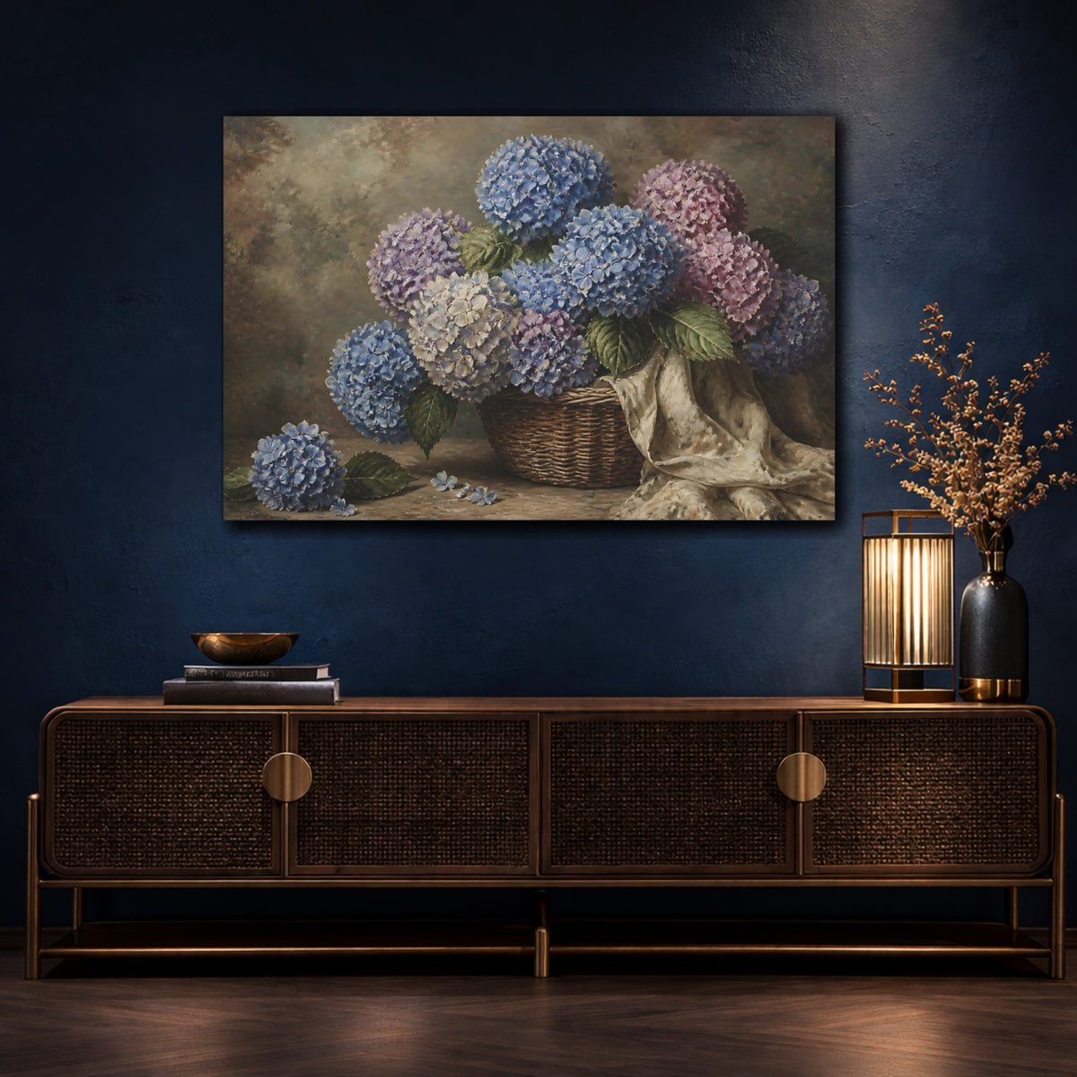 Mockup 4. Hydrangea Floral Basket shown as canvas print