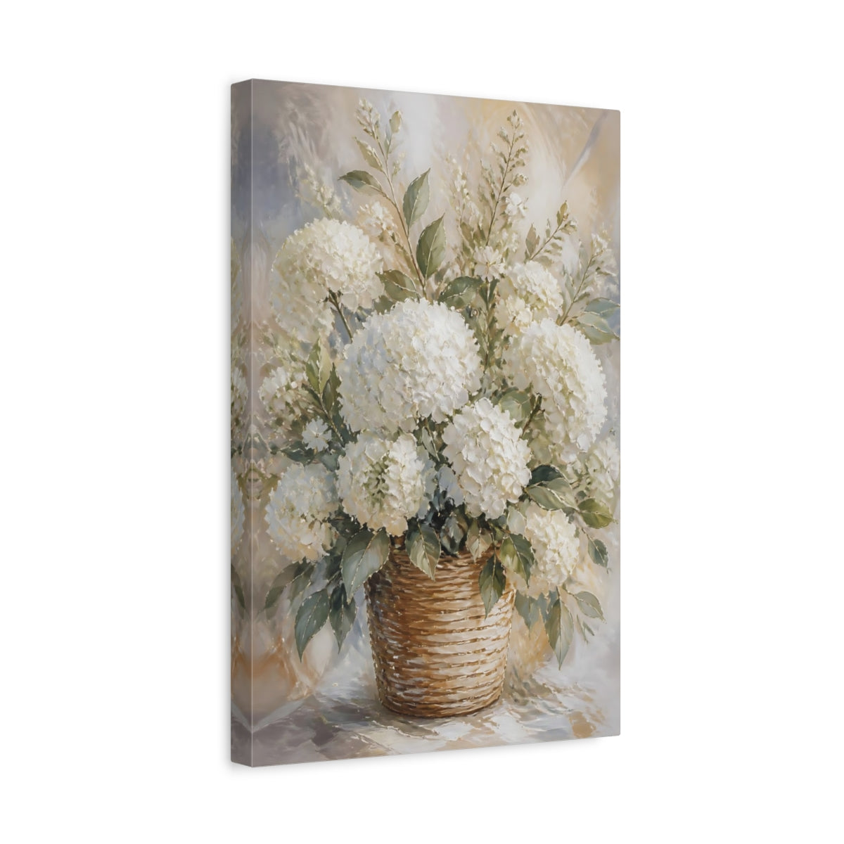Side Mockup 4. Hydrangea Flowers Basket shown as canvas print