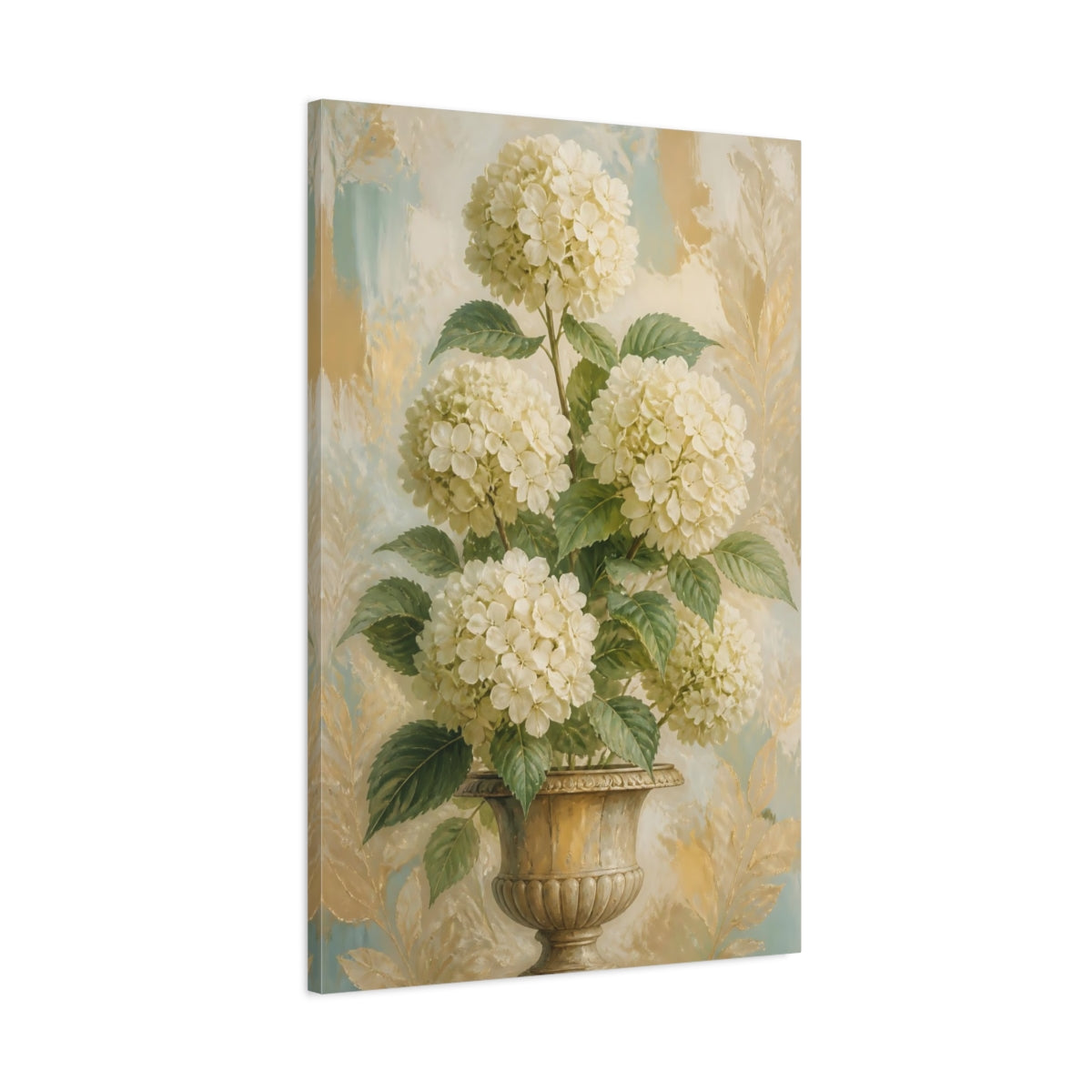 Main Mockup. Hydrangea Flowers In Urn shown as canvas print