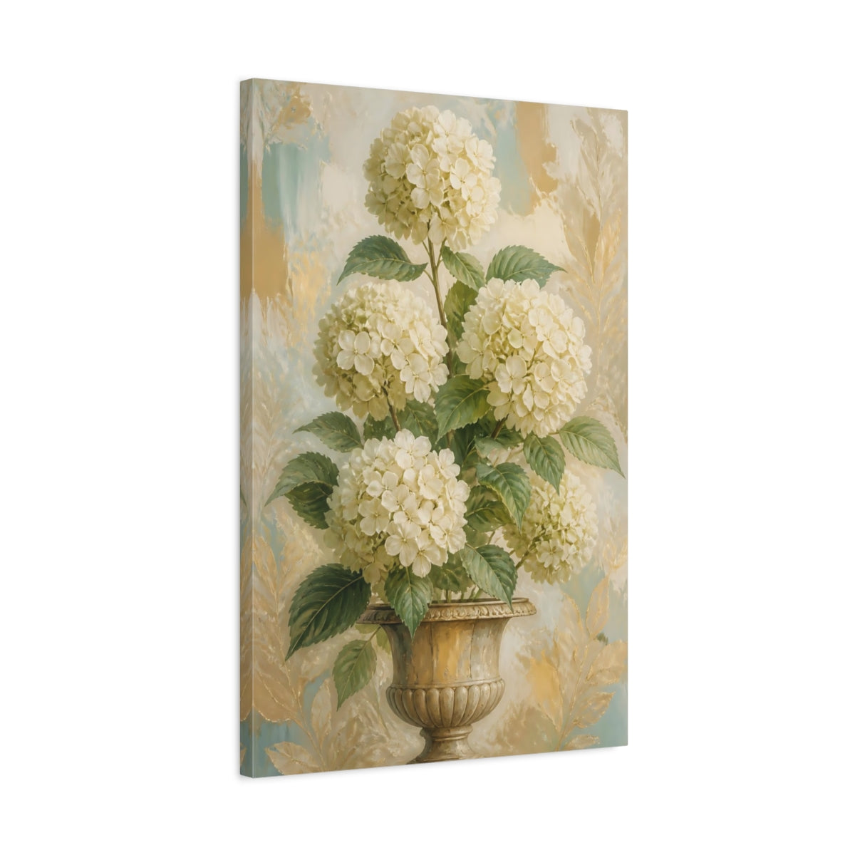 Side Mockup 2. Hydrangea Flowers In Urn shown as canvas print