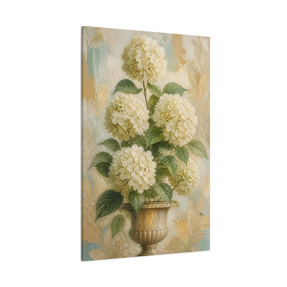 Side Mockup 1. Hydrangea Flowers In Urn shown as canvas print