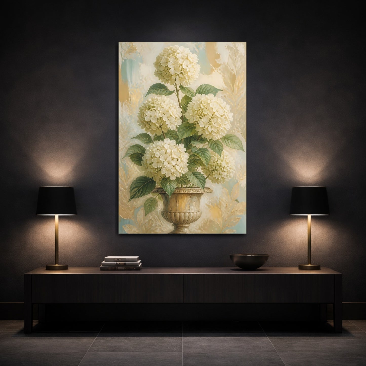 Mockup 3. Hydrangea Flowers In Urn shown as canvas print