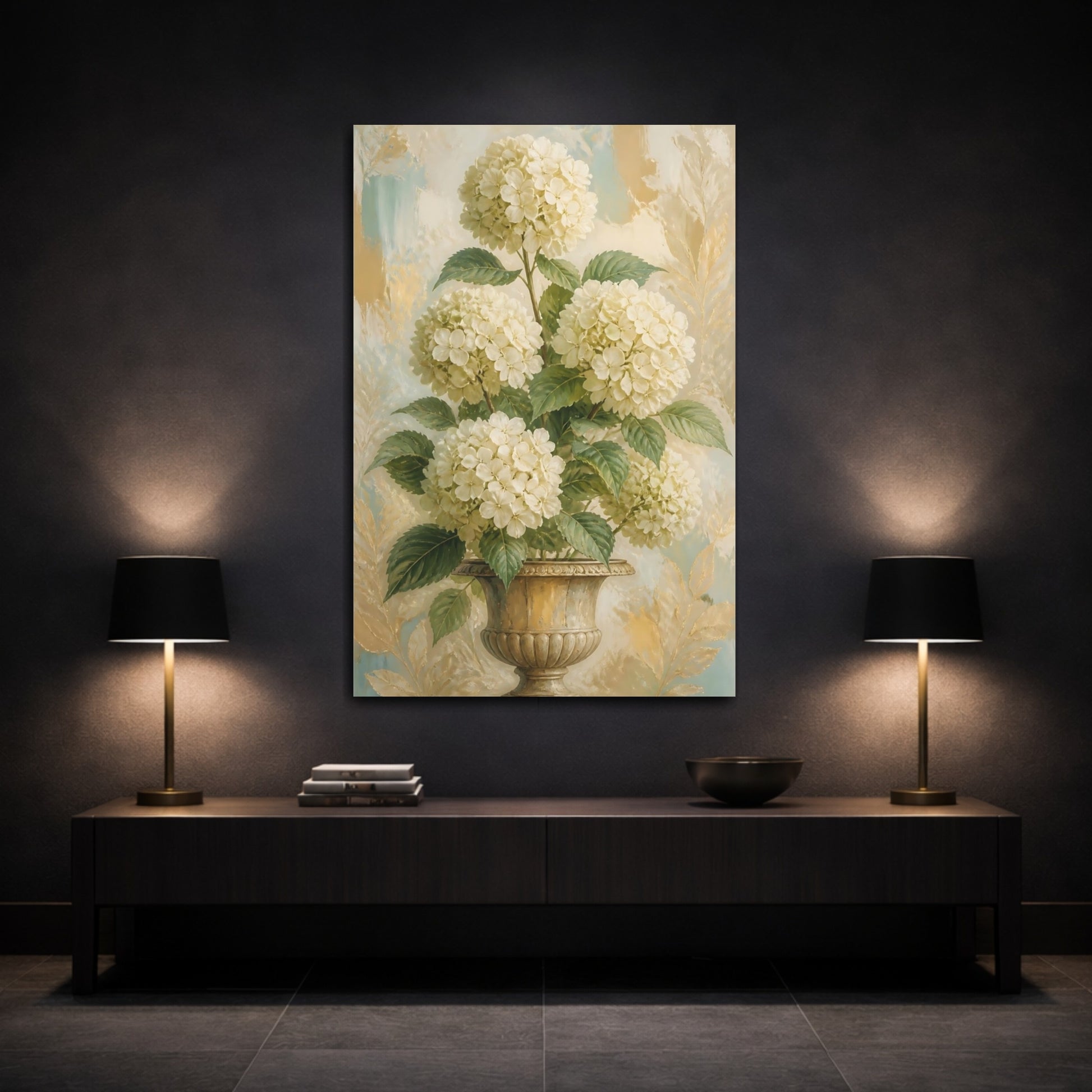 Mockup 3. Hydrangea Flowers In Urn shown as canvas print
