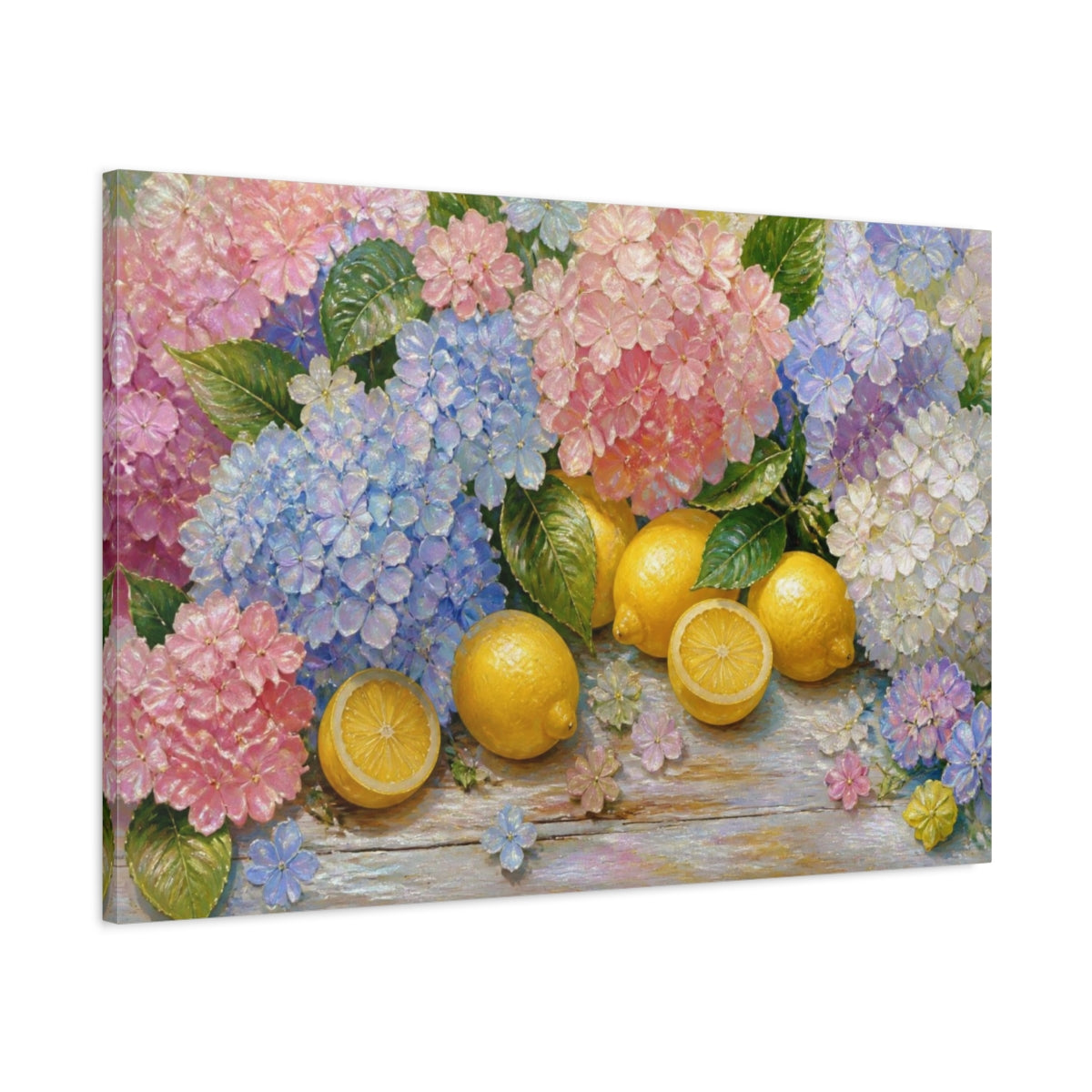 Main Mockup. Hydrangeas And Lemons shown as canvas print