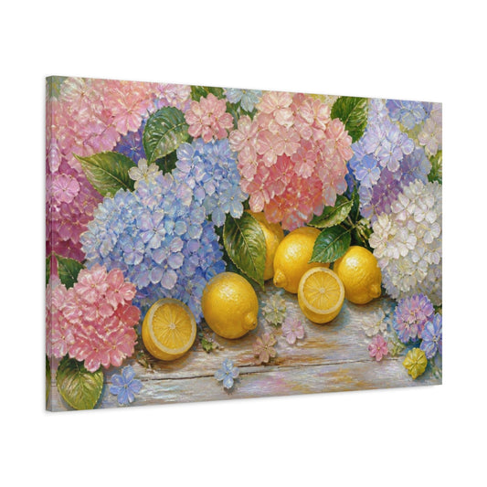 Main Mockup. Hydrangeas And Lemons shown as canvas print