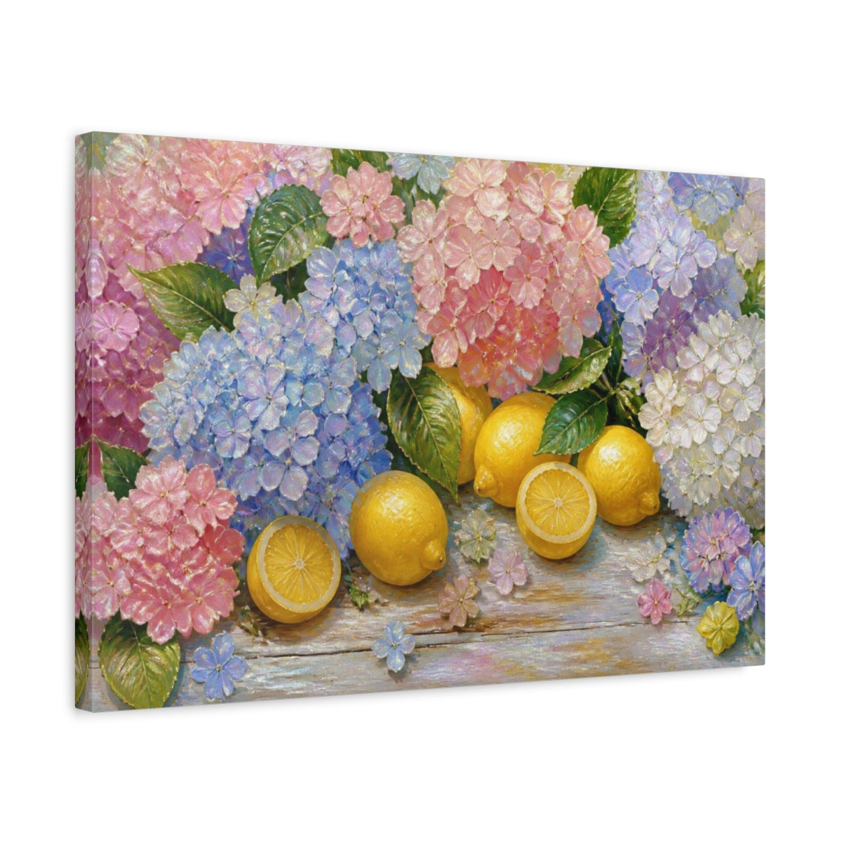 Side Mockup 3. Hydrangeas And Lemons shown as canvas print
