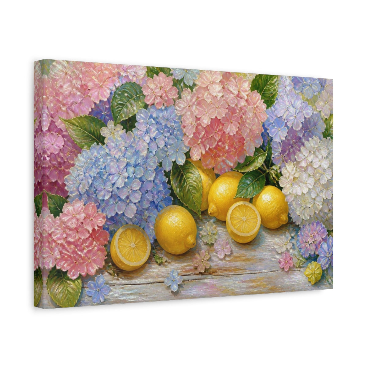 Side Mockup 4. Hydrangeas And Lemons shown as canvas print