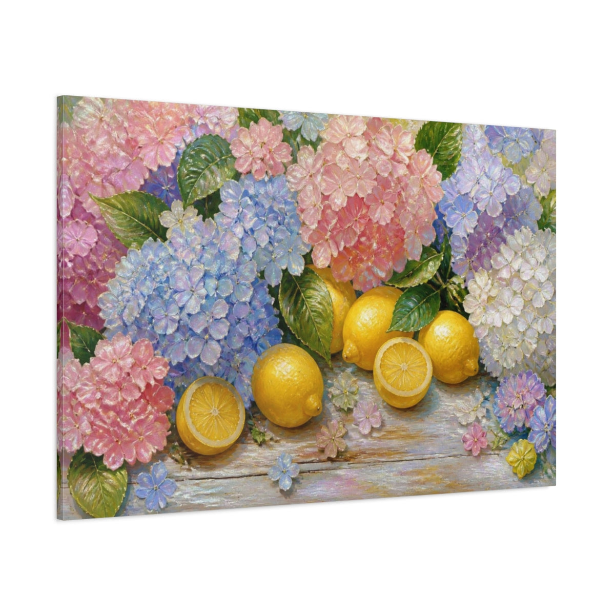 Side Mockup 1. Hydrangeas And Lemons shown as canvas print
