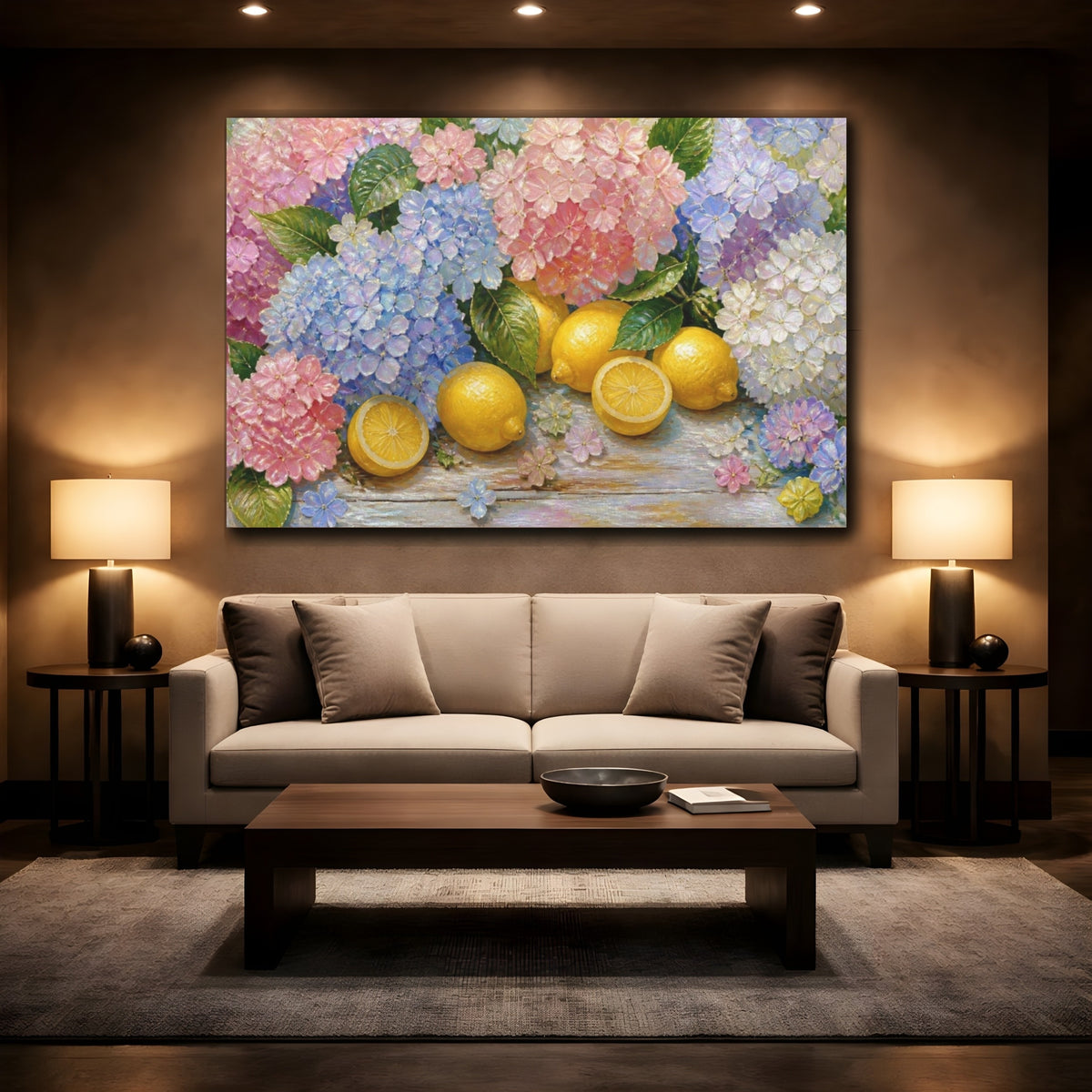 Mockup 2. Hydrangeas And Lemons shown as canvas print